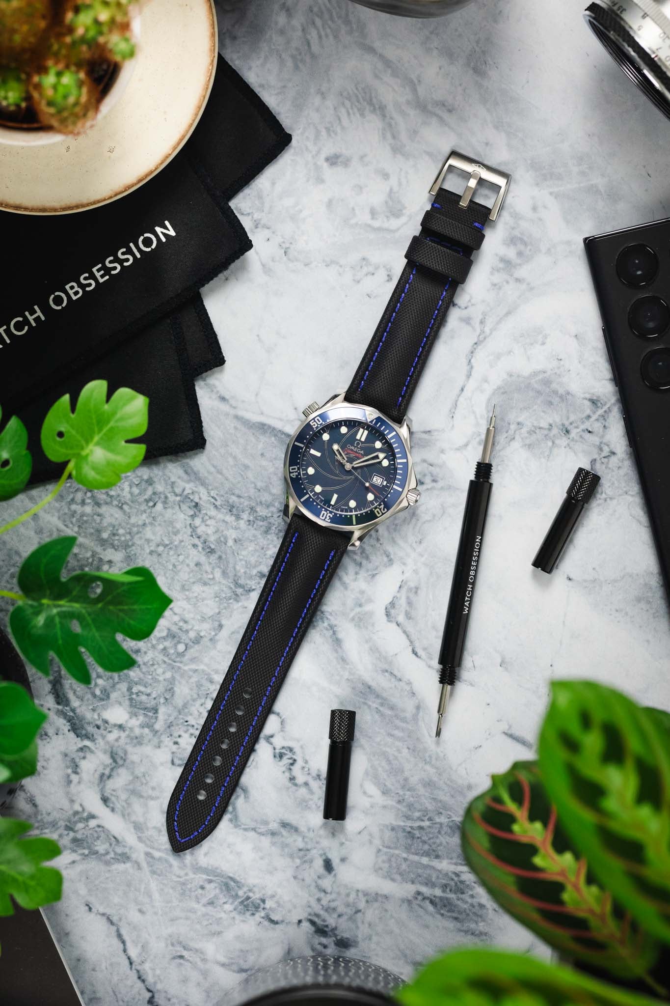 Artem Straps Classic Black Sailcloth Watch Strap with Blue Stitching - Image 11
