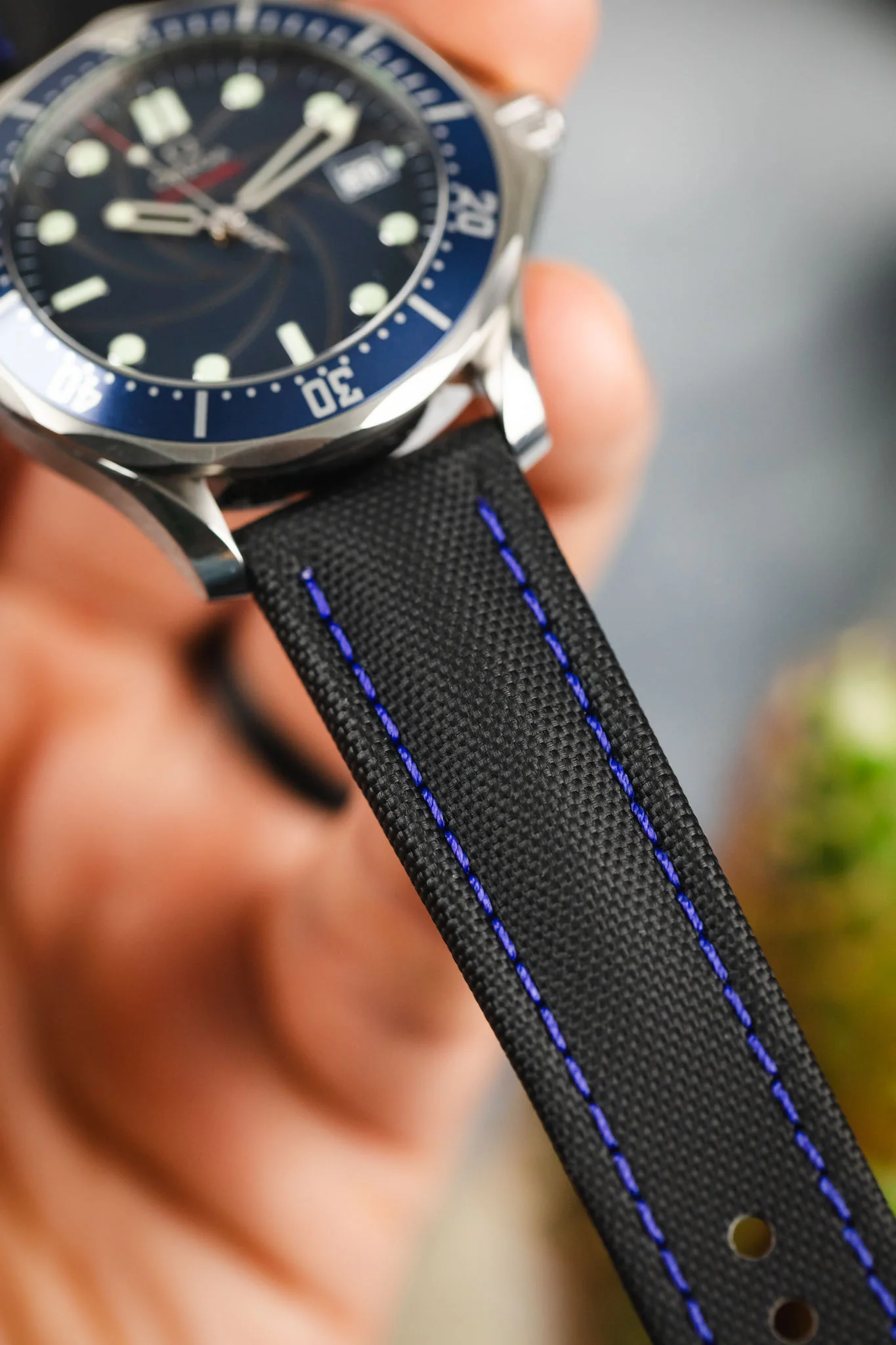 Artem Straps Classic Black Sailcloth Watch Strap with Blue Stitching - Image 6