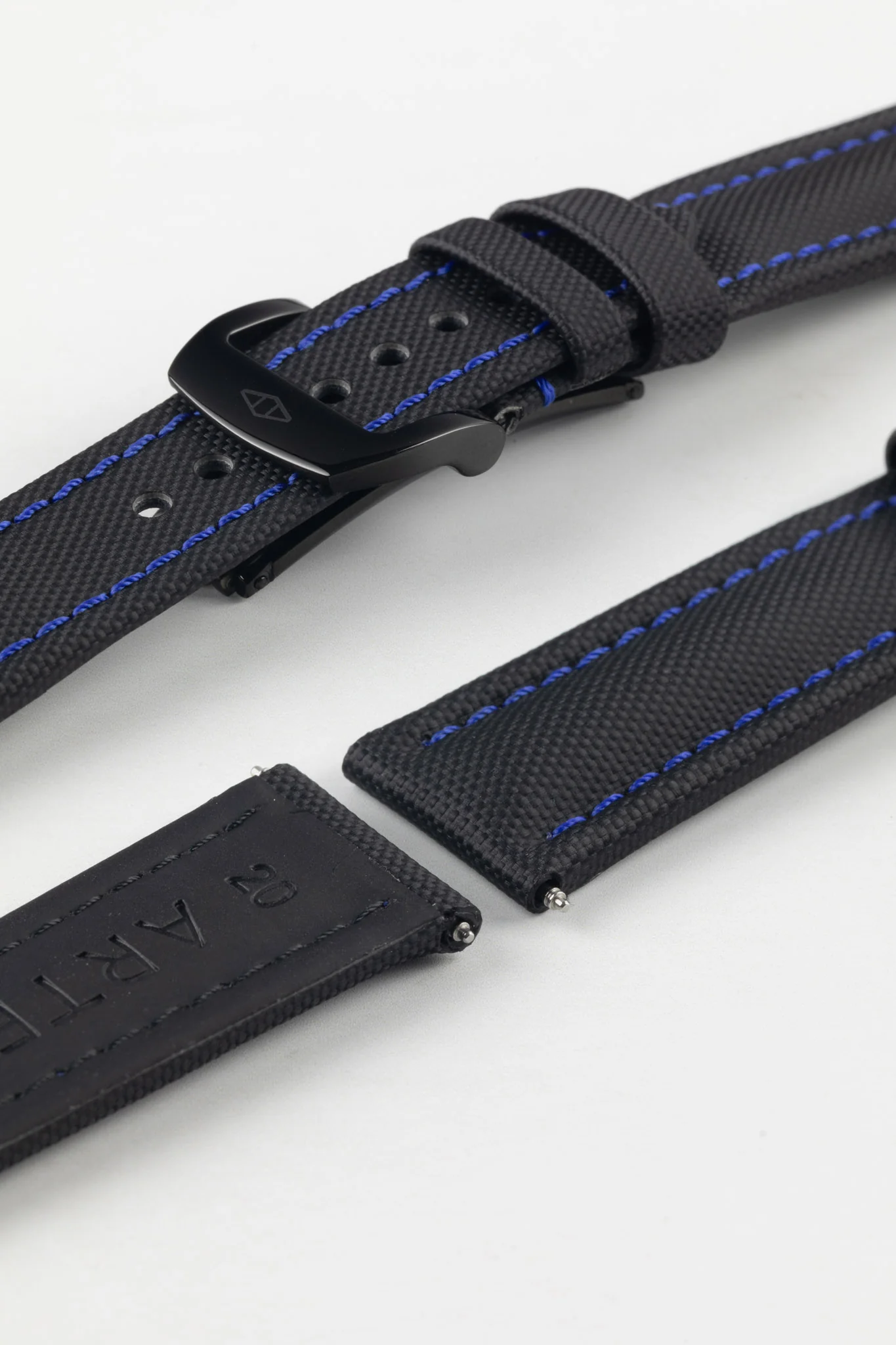 Artem Straps Classic Black Sailcloth Watch Strap with Blue Stitching - Image 7