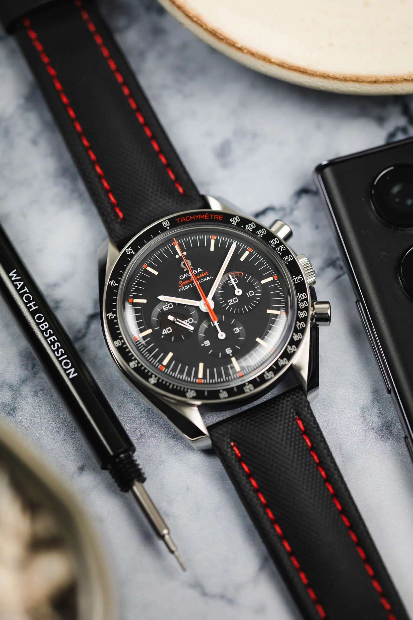 Artem Straps Classic Black Sailcloth Watch Strap with Red Stitching - Image 6