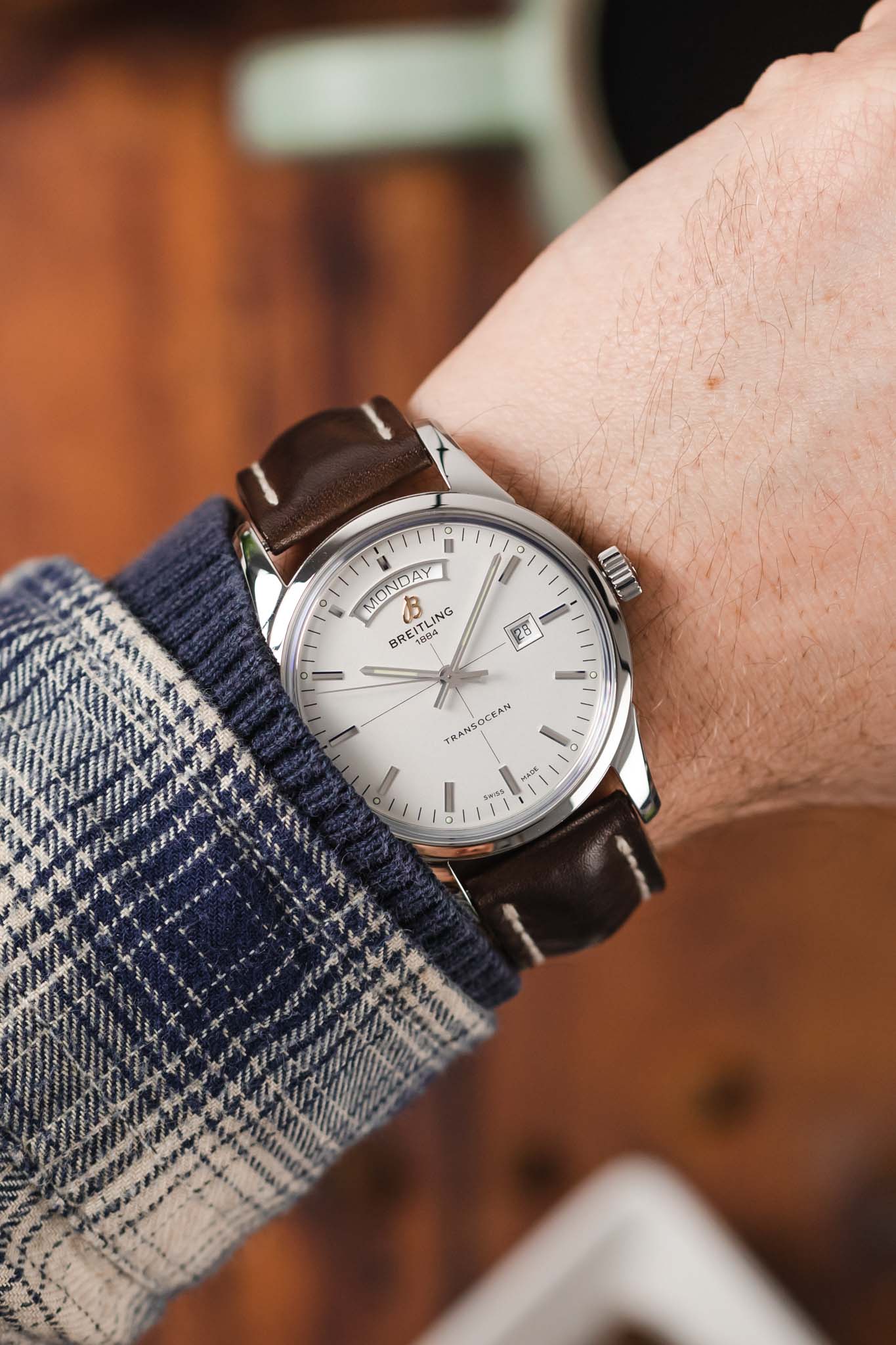 BREITLING A4531012/G751 Transocean Automatic 43mm Day-Date Watch - Cream Dial & Brown Leather Strap - Image 2