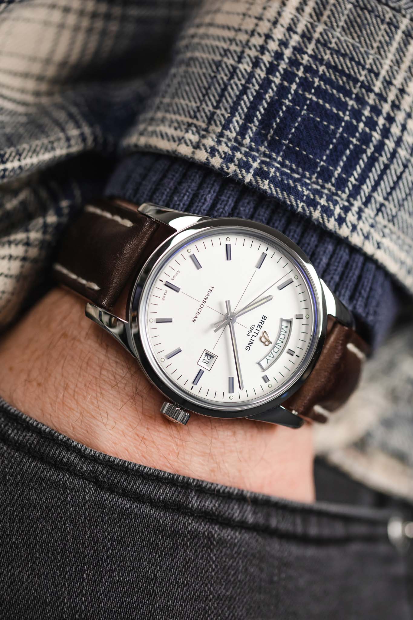 BREITLING A4531012/G751 Transocean Automatic 43mm Day-Date Watch - Cream Dial & Brown Leather Strap - Image 6