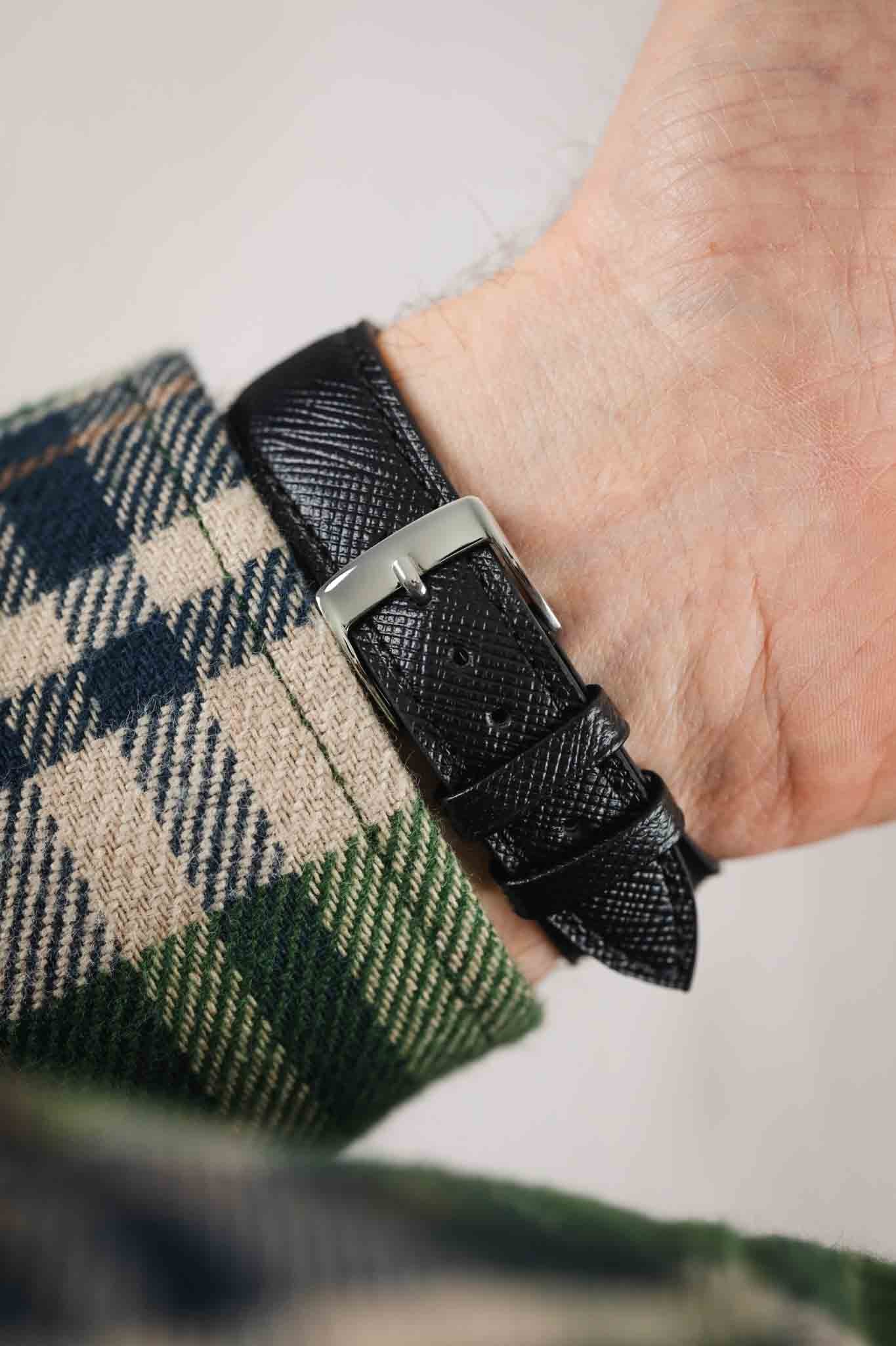 Classic Saffiano Leather Watch Strap in Black - Image 6