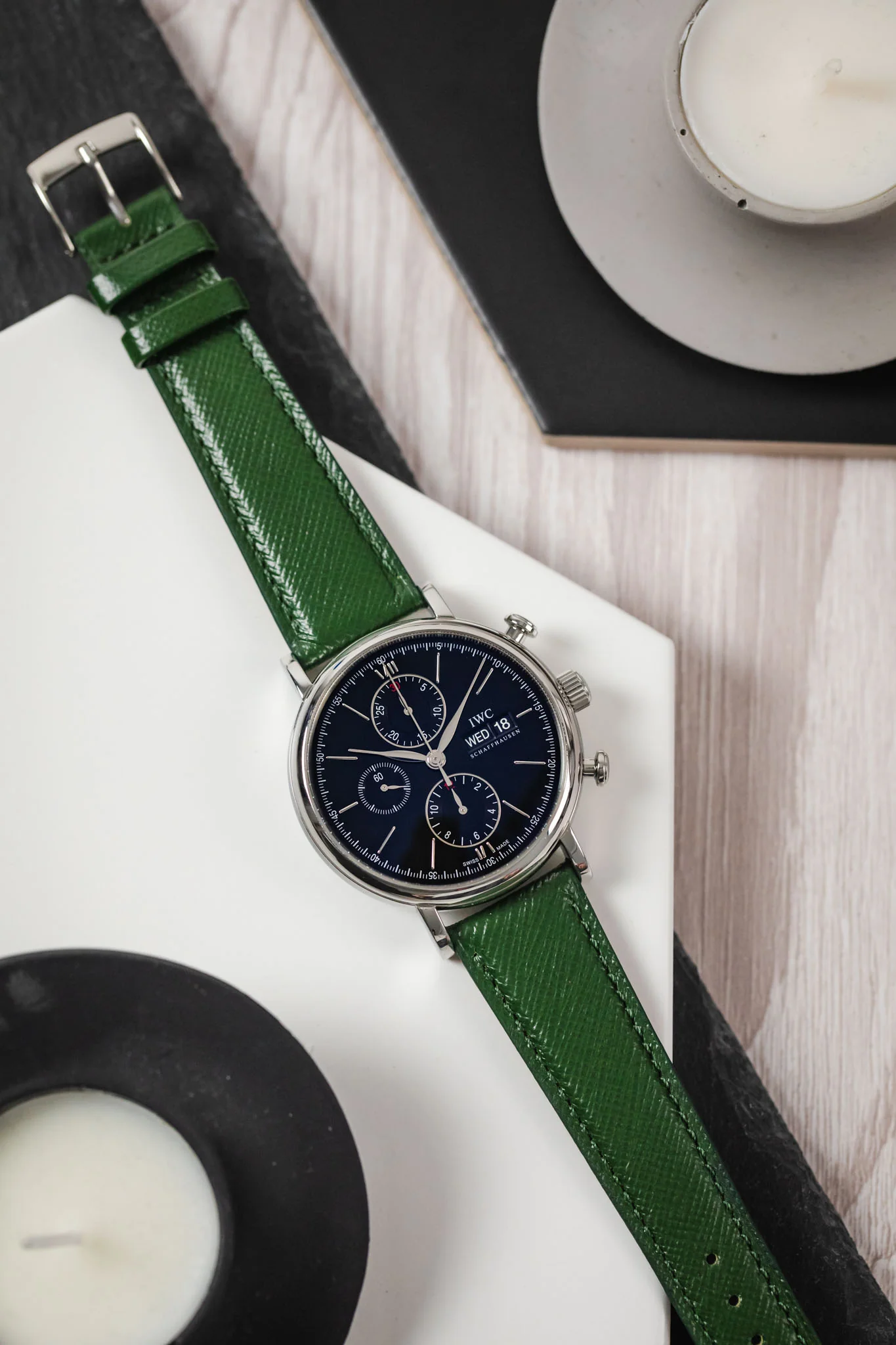 Classic Saffiano Leather Watch Strap in British Green - Image 8