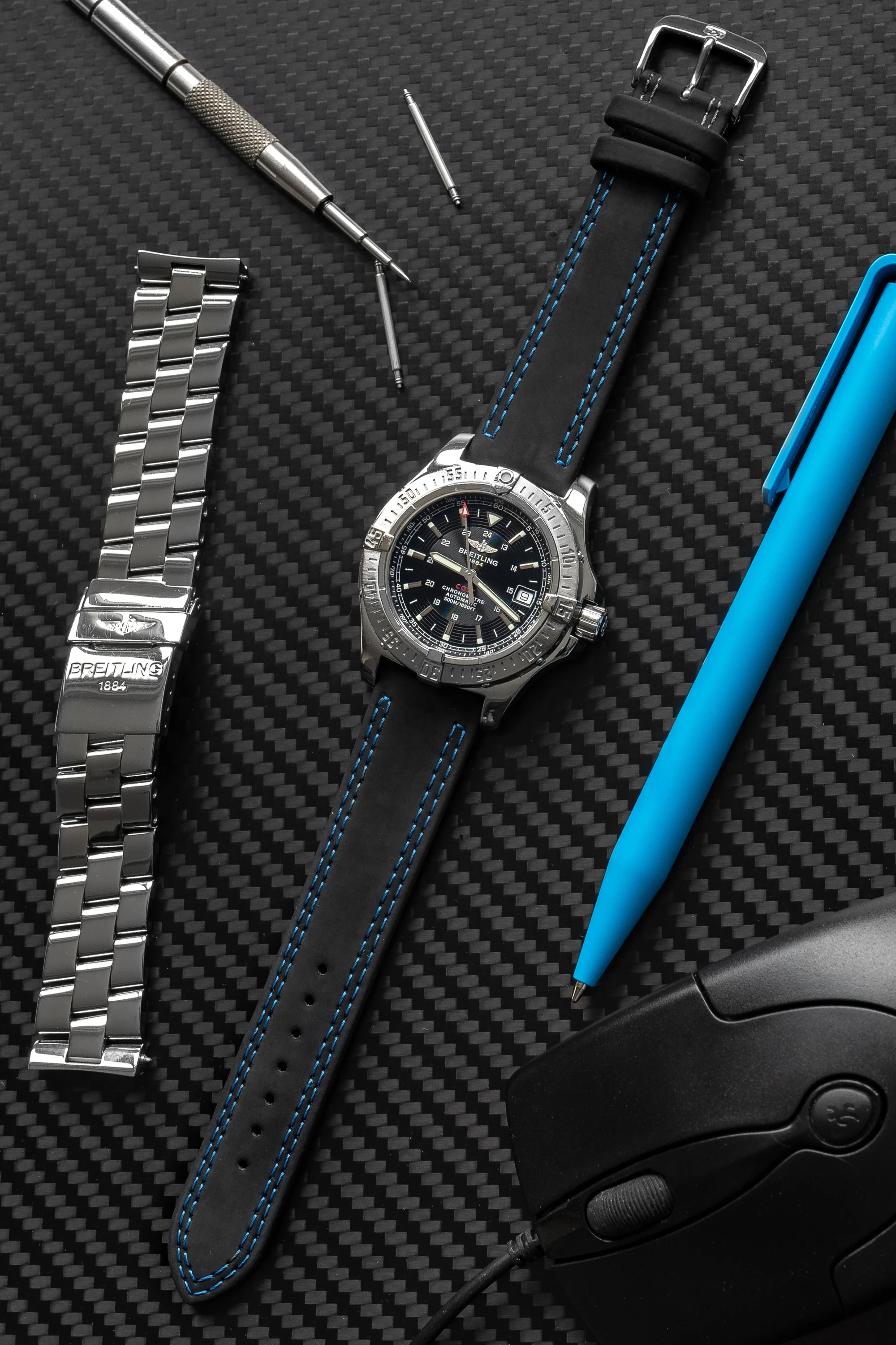Di-Modell COLORADO Rubber-Coated Leather Watch Strap in BLACK with BLUE Stitch - Image 2