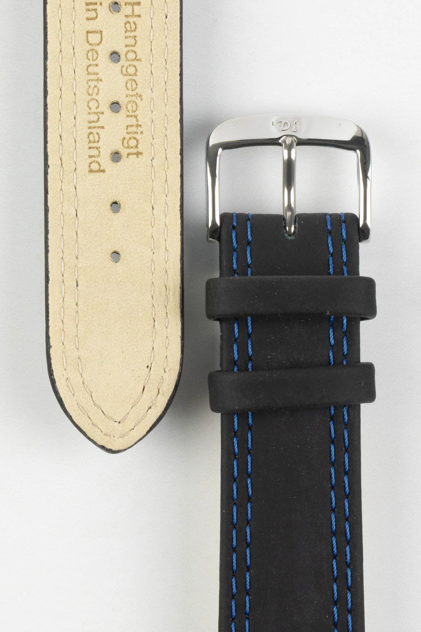 Di-Modell COLORADO Rubber-Coated Leather Watch Strap in BLACK with BLUE Stitch - Image 3