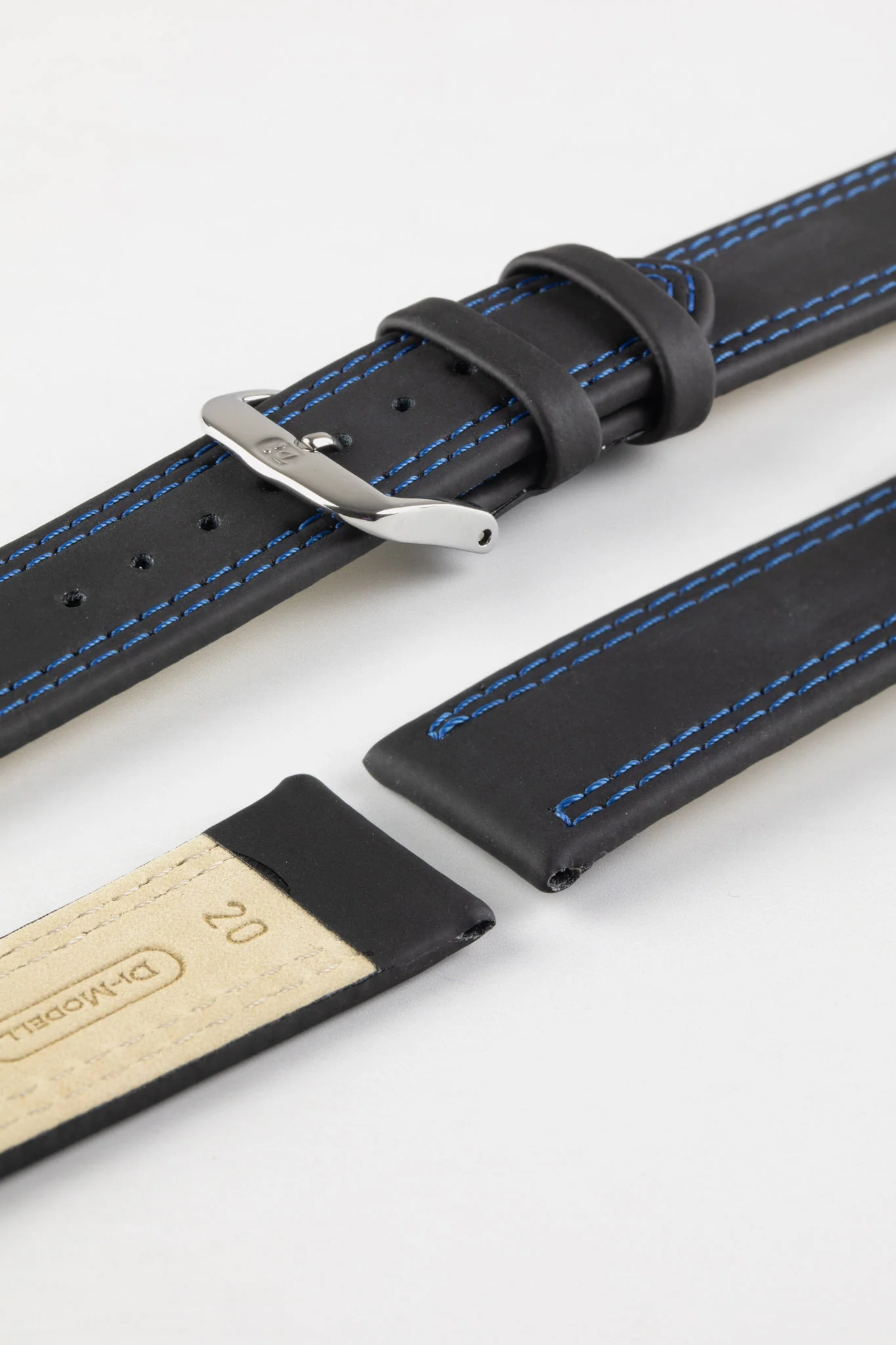 Di-Modell COLORADO Rubber-Coated Leather Watch Strap in BLACK with BLUE Stitch - Image 5