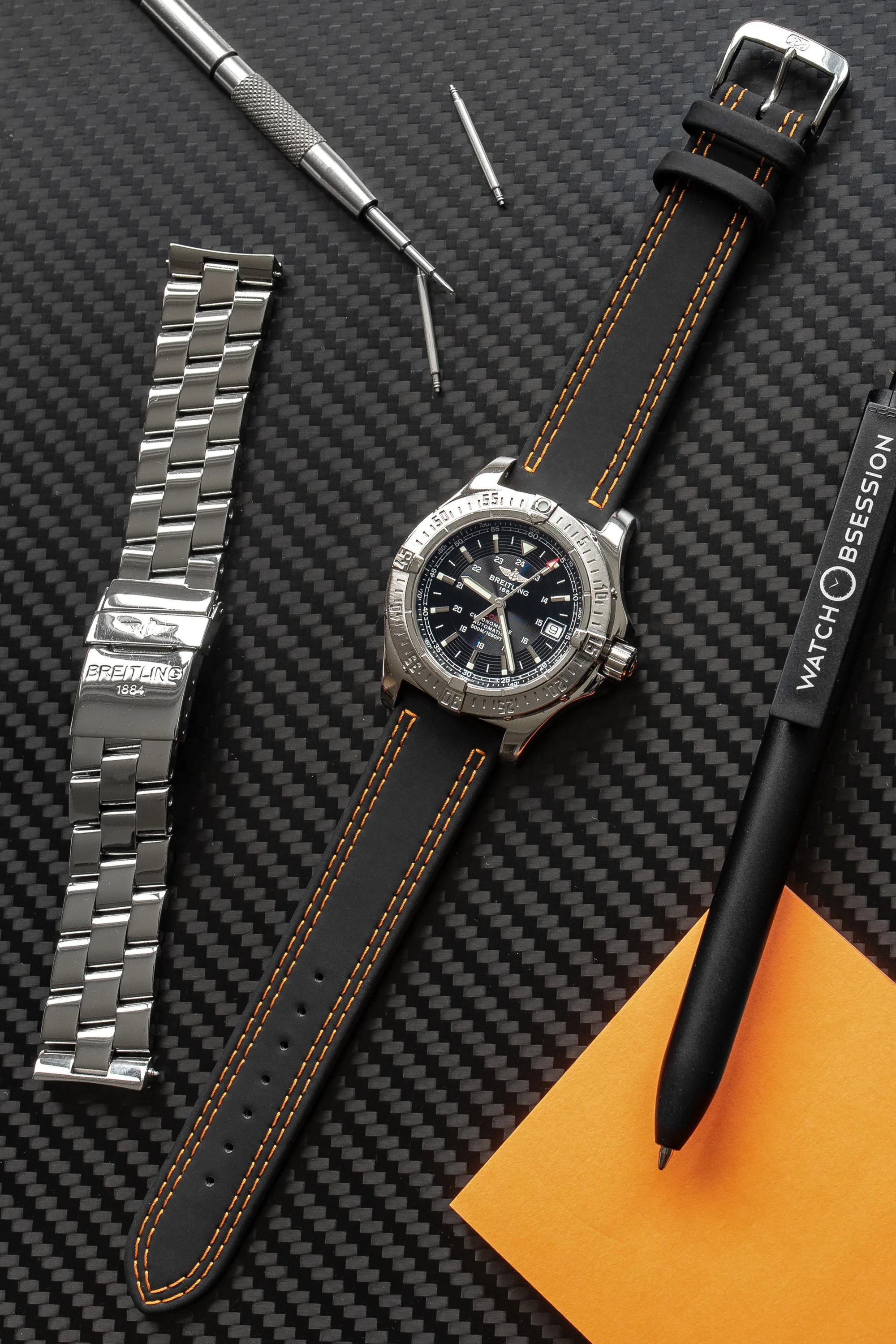Di-Modell COLORADO Rubber-Coated Leather Watch Strap in BLACK with ORANGE Stitch - Image 2