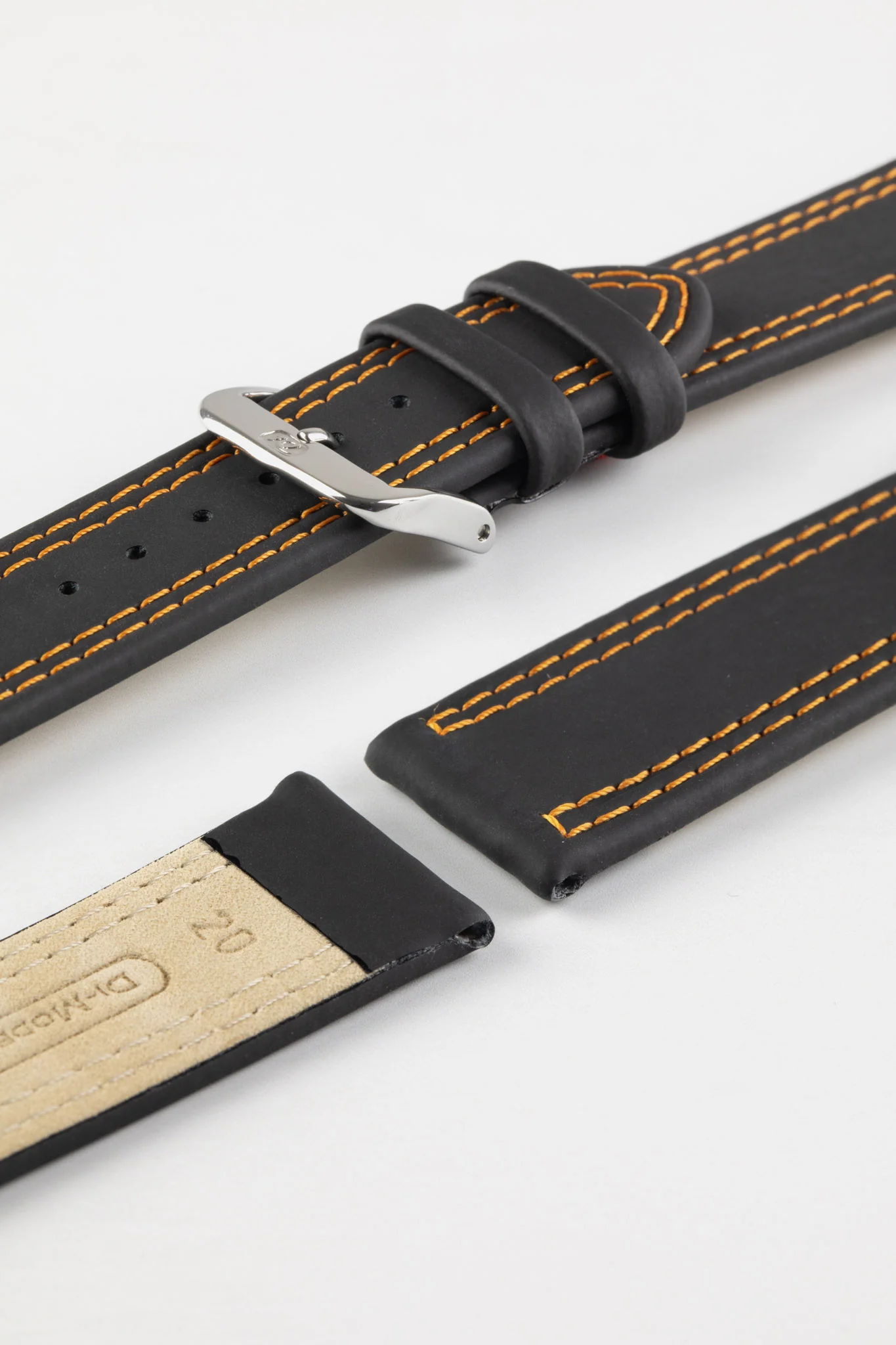 Di-Modell COLORADO Rubber-Coated Leather Watch Strap in BLACK with ORANGE Stitch - Image 5