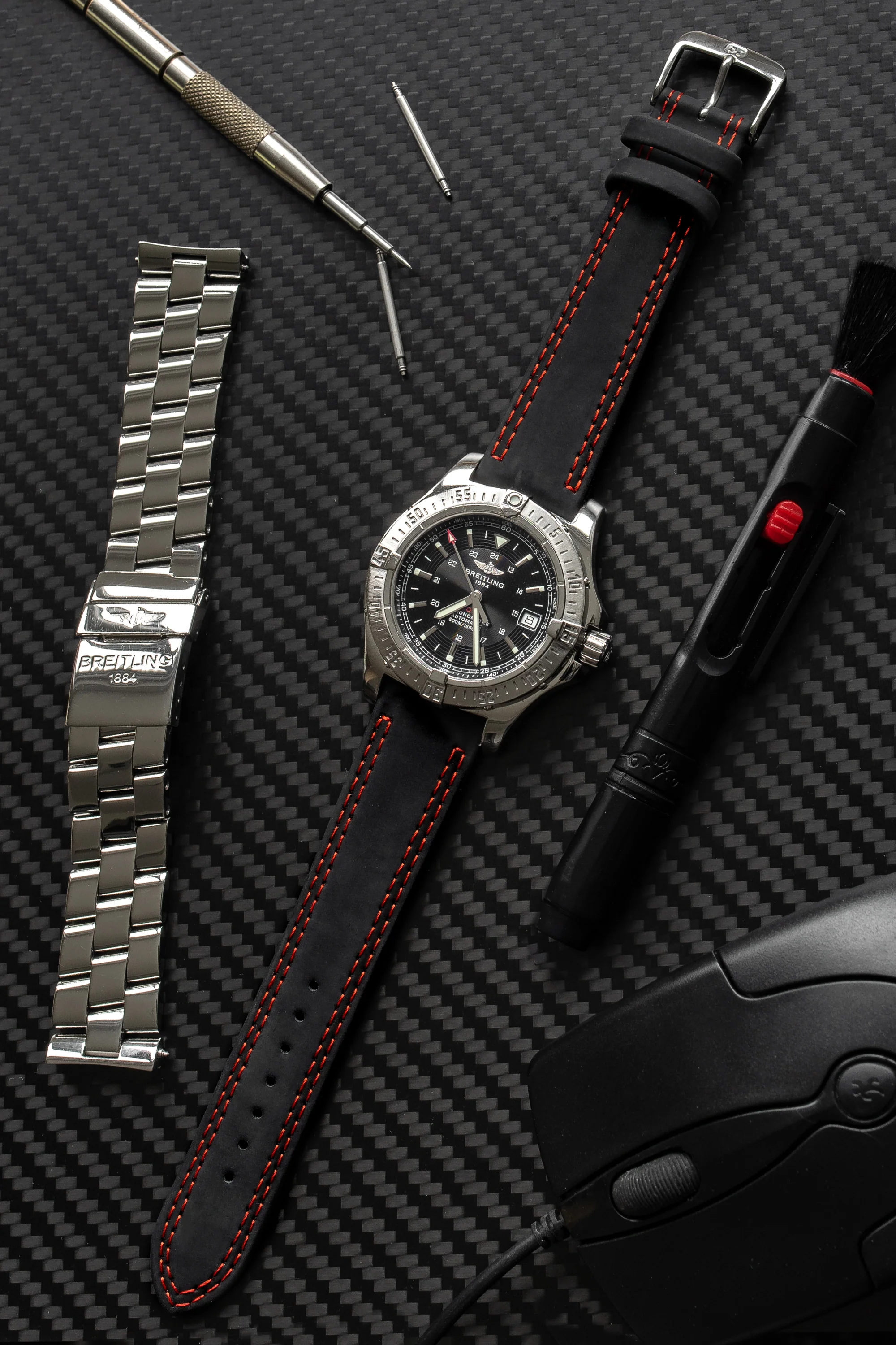 Di-Modell COLORADO Rubber-Coated Leather Watch Strap in BLACK with RED Stitching - Image 2