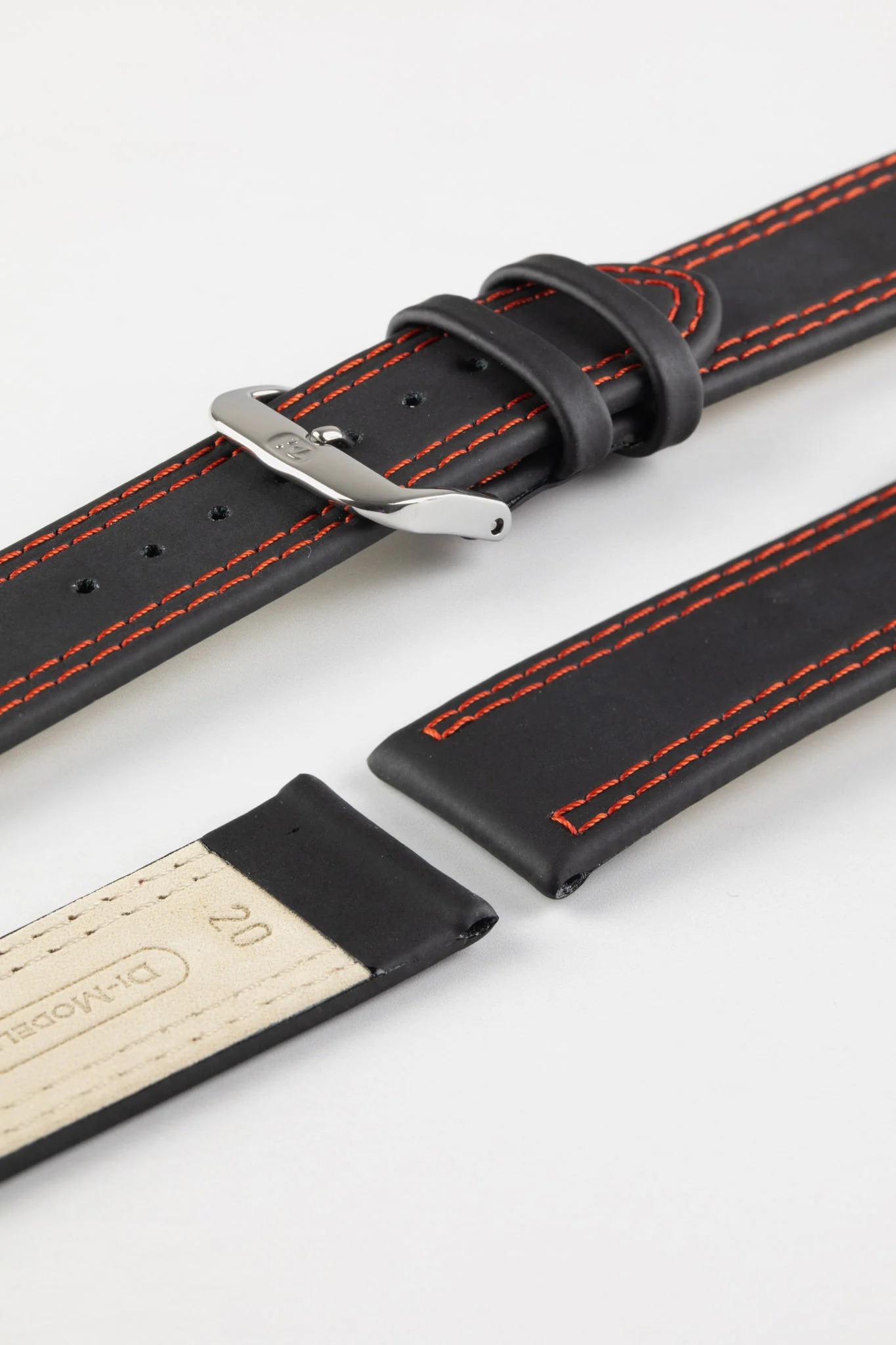 Di-Modell COLORADO Rubber-Coated Leather Watch Strap in BLACK with RED Stitching - Image 5