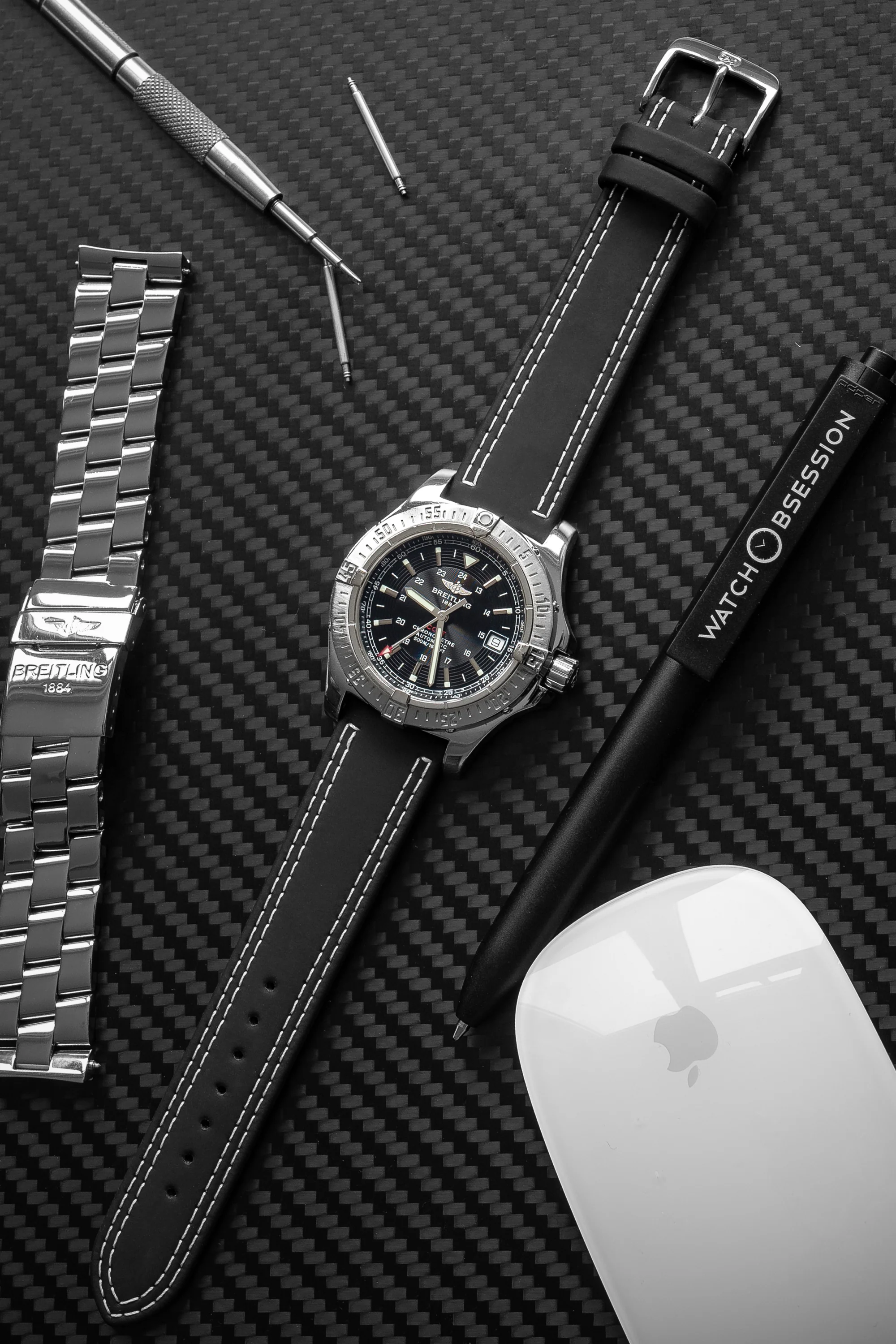 Di-Modell COLORADO Rubber-Coated Leather Watch Strap in BLACK with WHITE Stitch - Image 2
