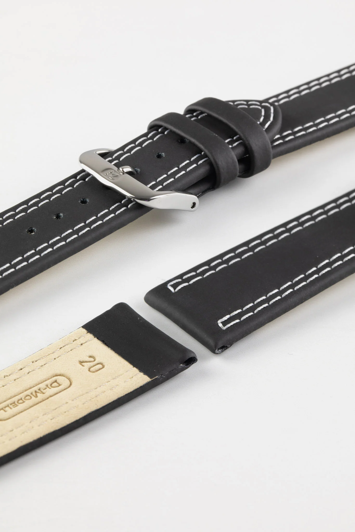 Di-Modell COLORADO Rubber-Coated Leather Watch Strap in BLACK with WHITE Stitch - Image 5