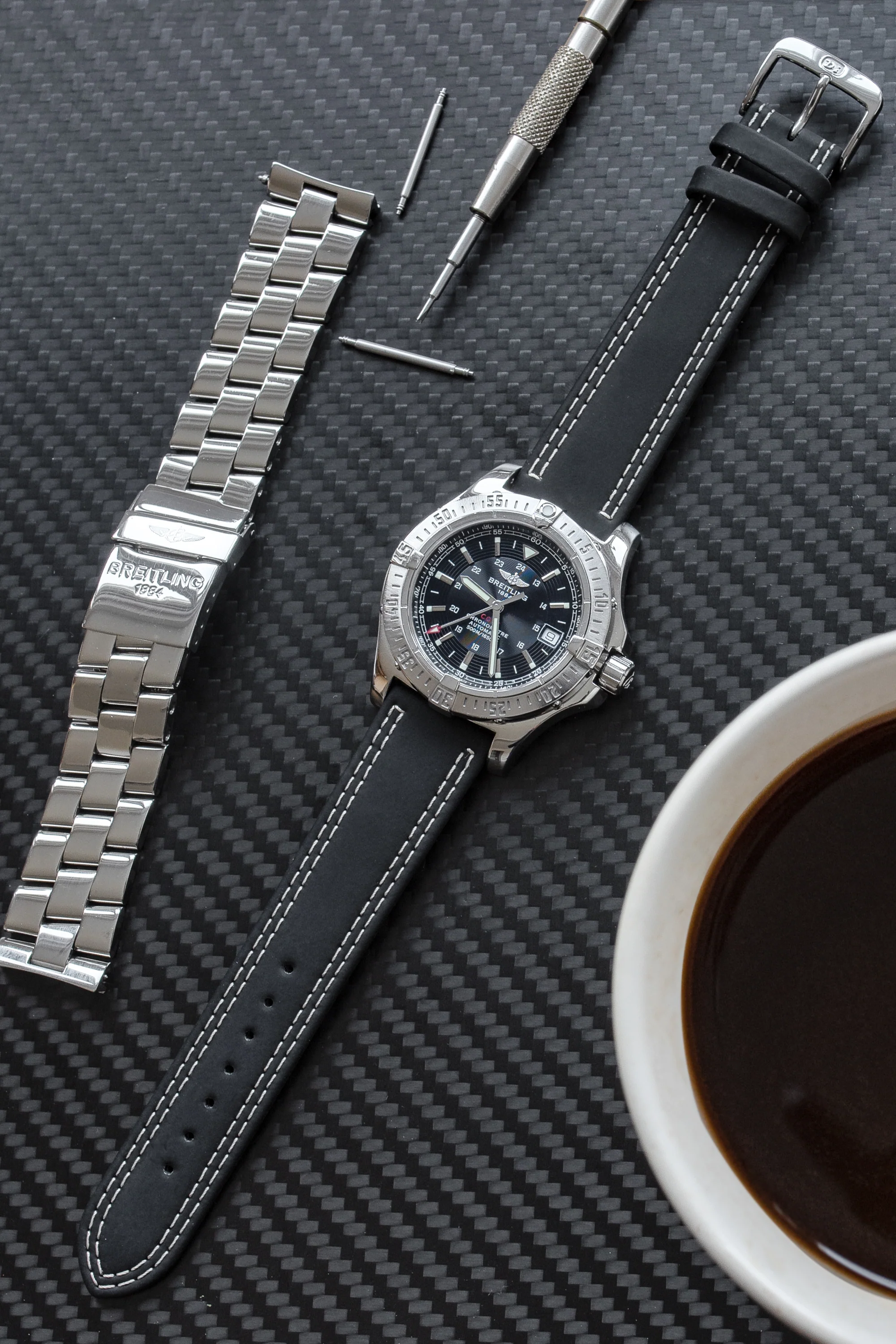 Di-Modell COLORADO Rubber-Coated Leather Watch Strap in BLACK with BEIGE Stitch - Image 2