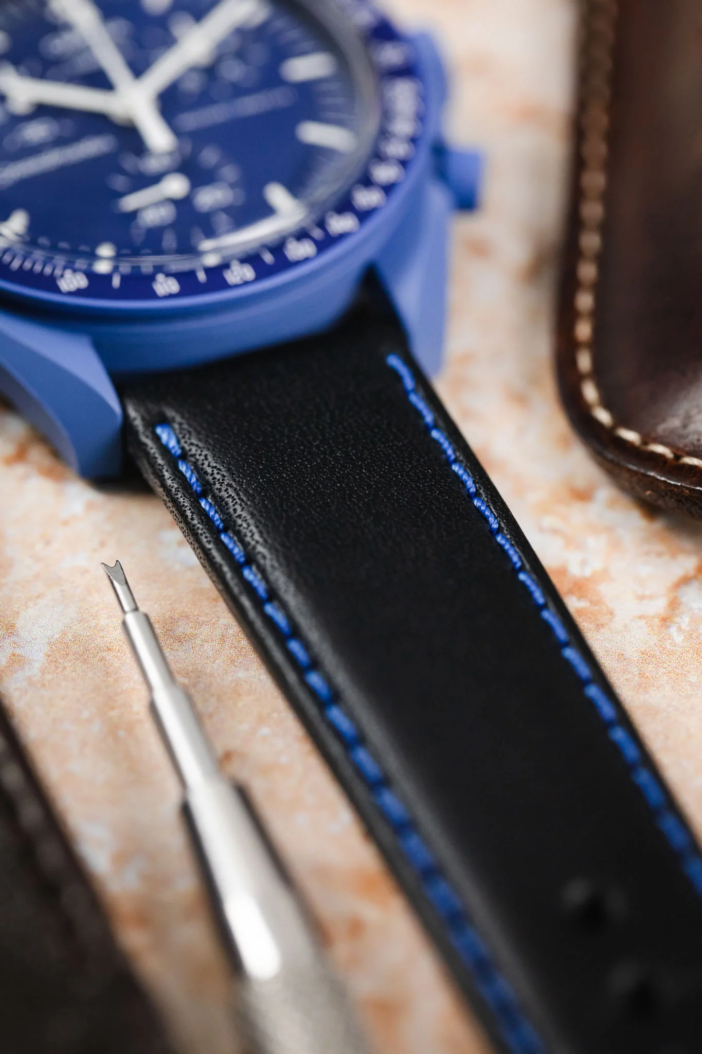 Di-Modell DENVER Calf Leather Watch Strap in BLACK With BLUE Stitching - Image 6