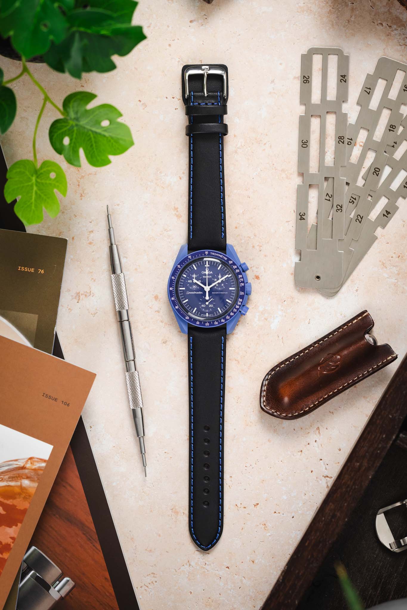 Di-Modell DENVER Calf Leather Watch Strap in BLACK With BLUE Stitching - Image 9