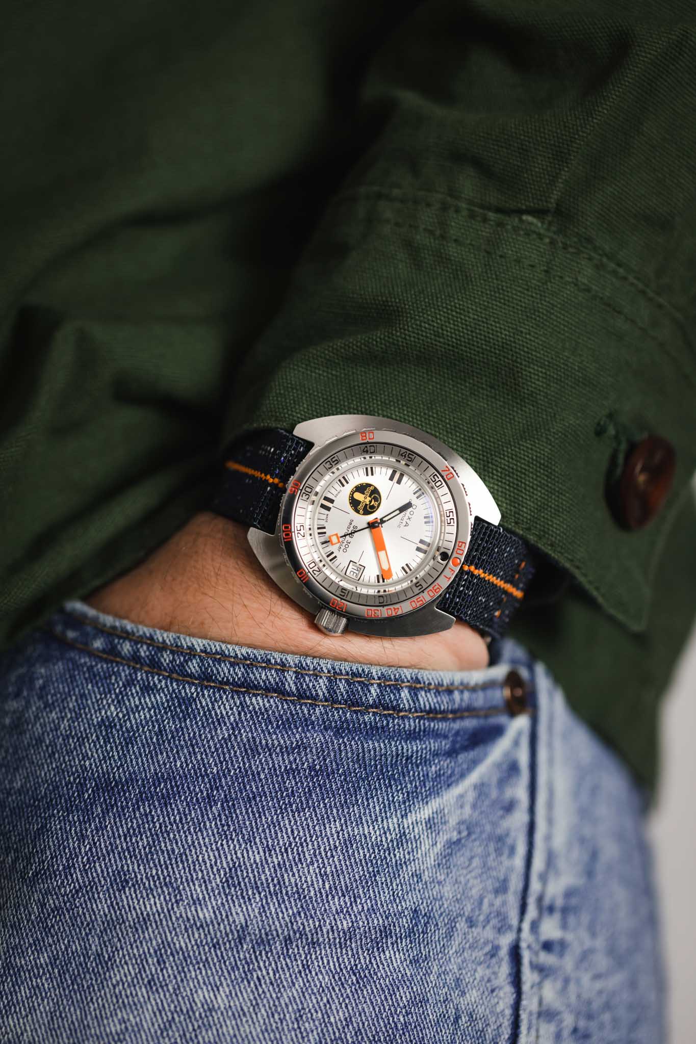Erika's Originals INDIGO DENIM MN™ Strap with ORANGE Centerline - BRUSHED Hardware - Image 4