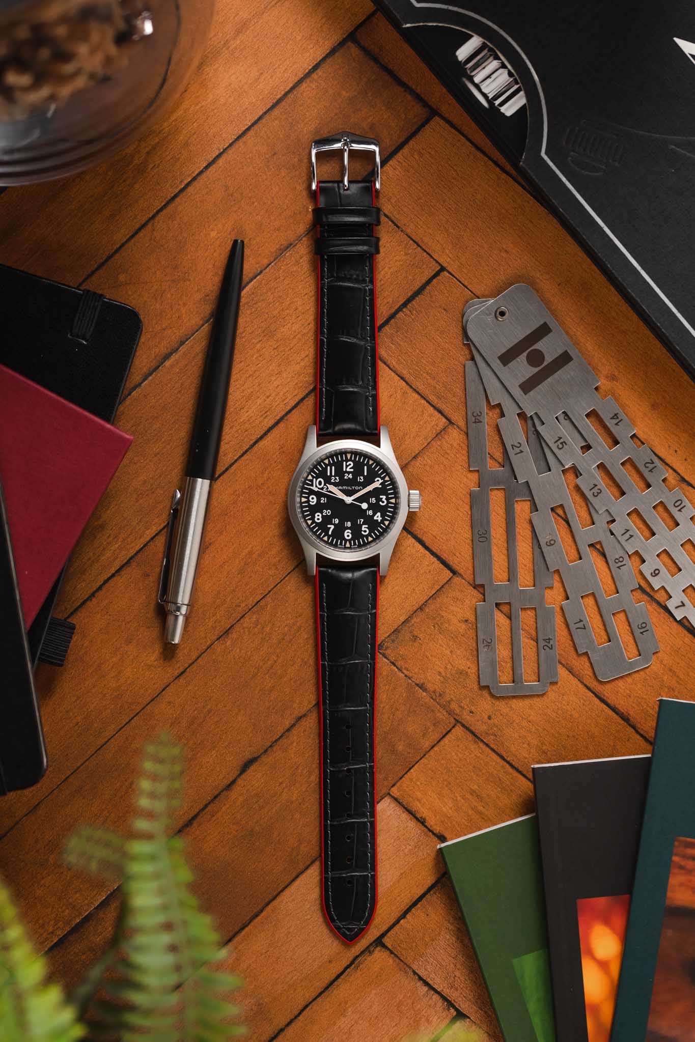 Hirsch ANDY Alligator Embossed Performance Watch Strap in BLACK / RED - Image 6