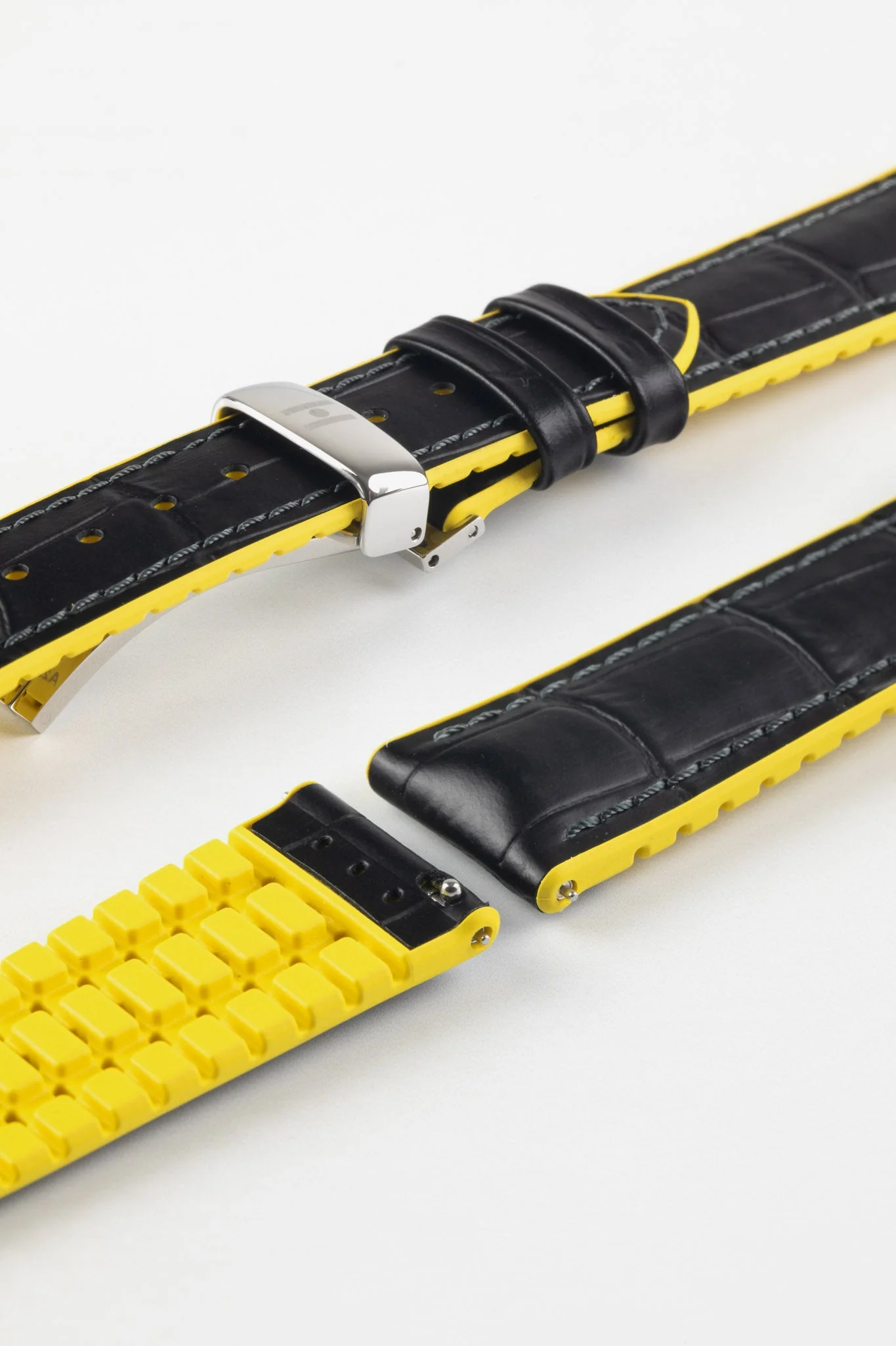 Hirsch ANDY Alligator Embossed Performance Watch Strap in BLACK / YELLOW - Image 11