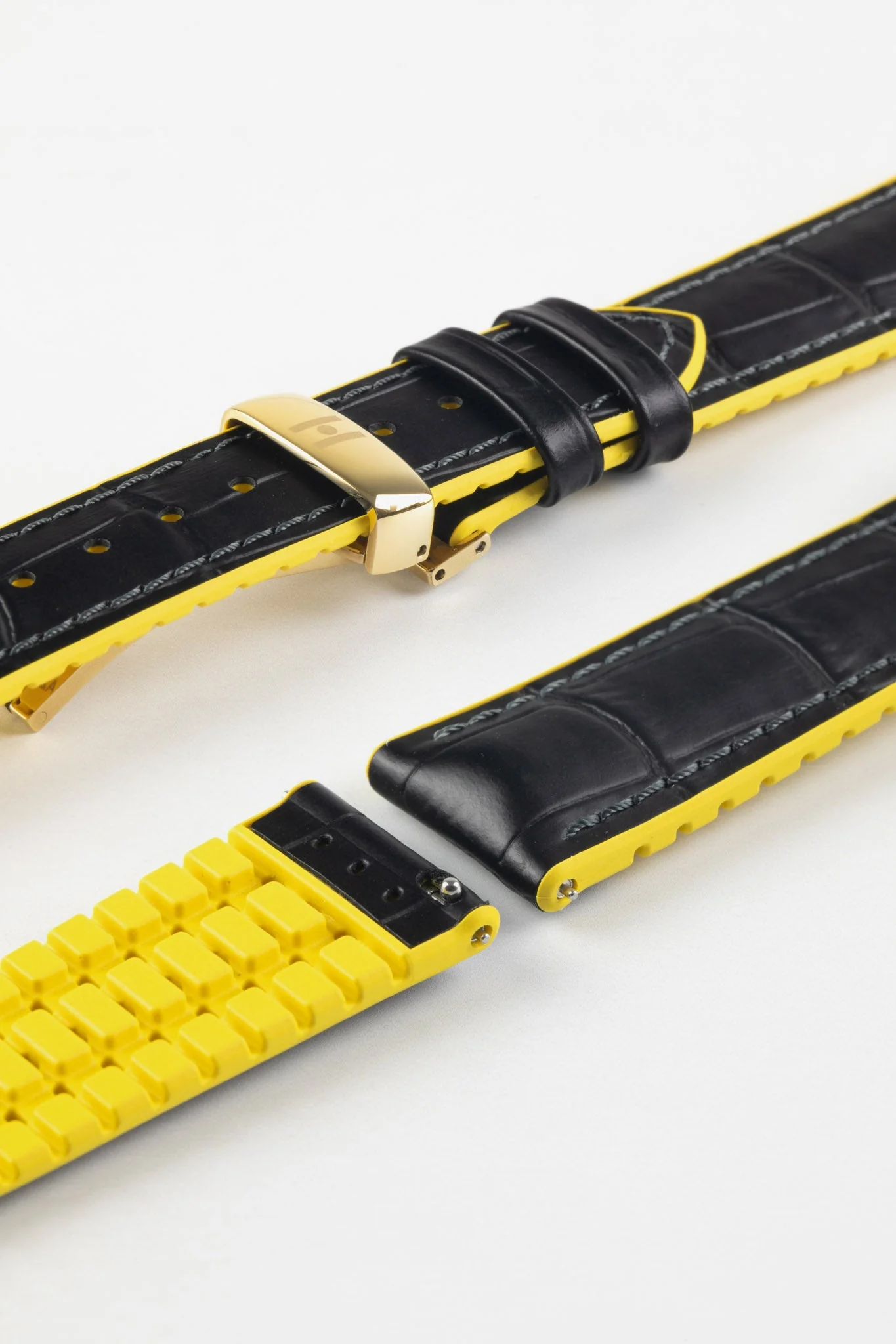 Hirsch ANDY Alligator Embossed Performance Watch Strap in BLACK / YELLOW - Image 12