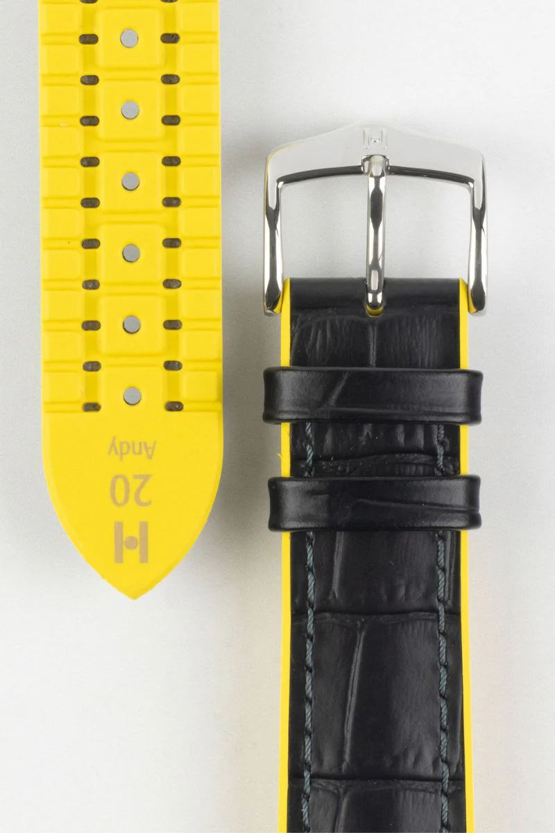 Hirsch ANDY Alligator Embossed Performance Watch Strap in BLACK / YELLOW - Image 3