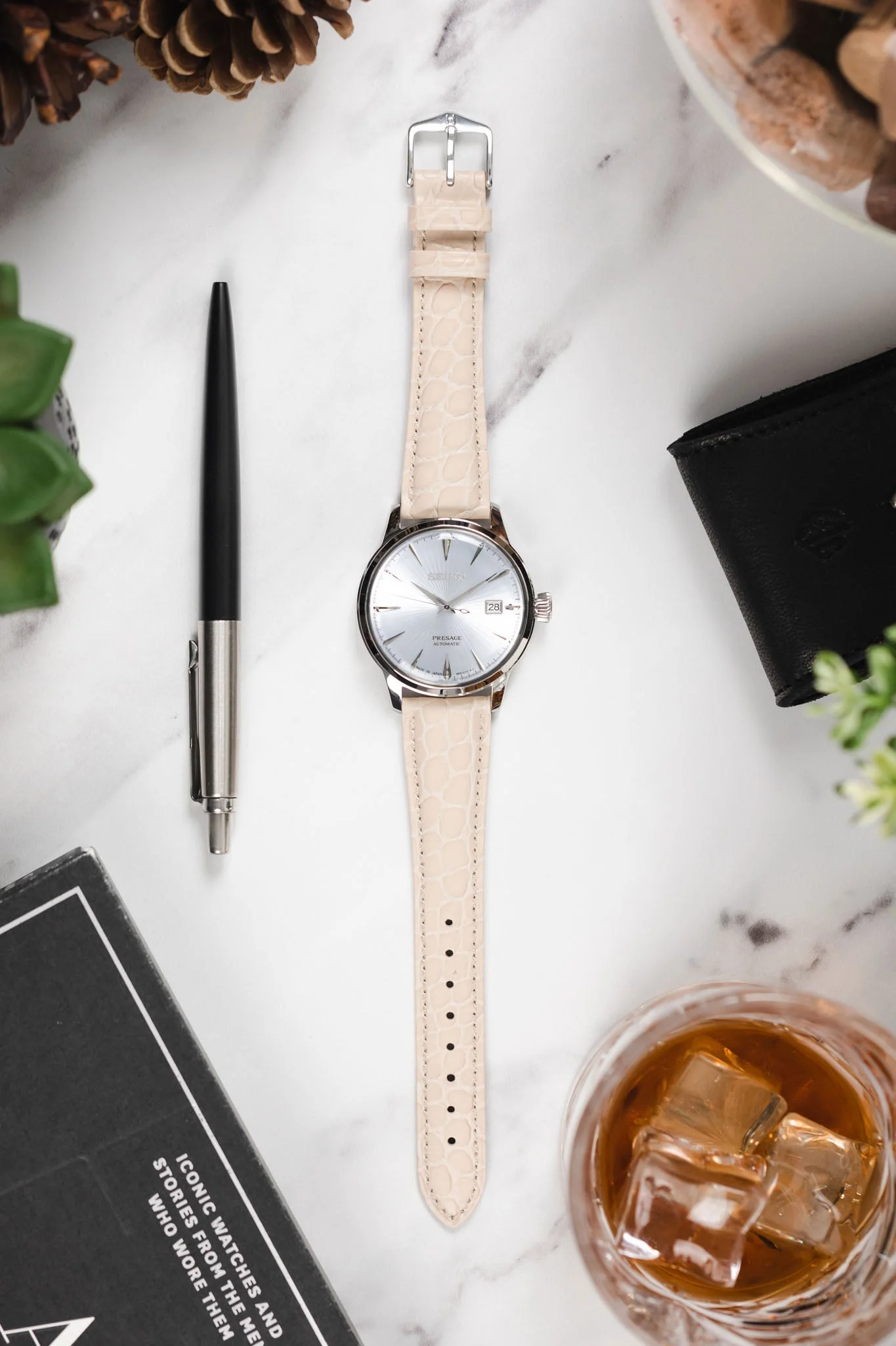 Hirsch ARISTOCRAT Croco-Embossed Leather Watch Strap in BEIGE - Image 6