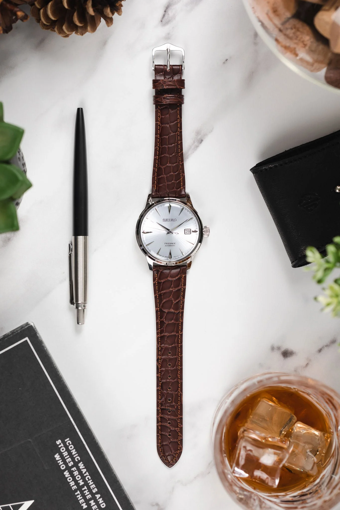 Hirsch ARISTOCRAT Croco-Embossed Leather Watch Strap in BROWN - Image 6