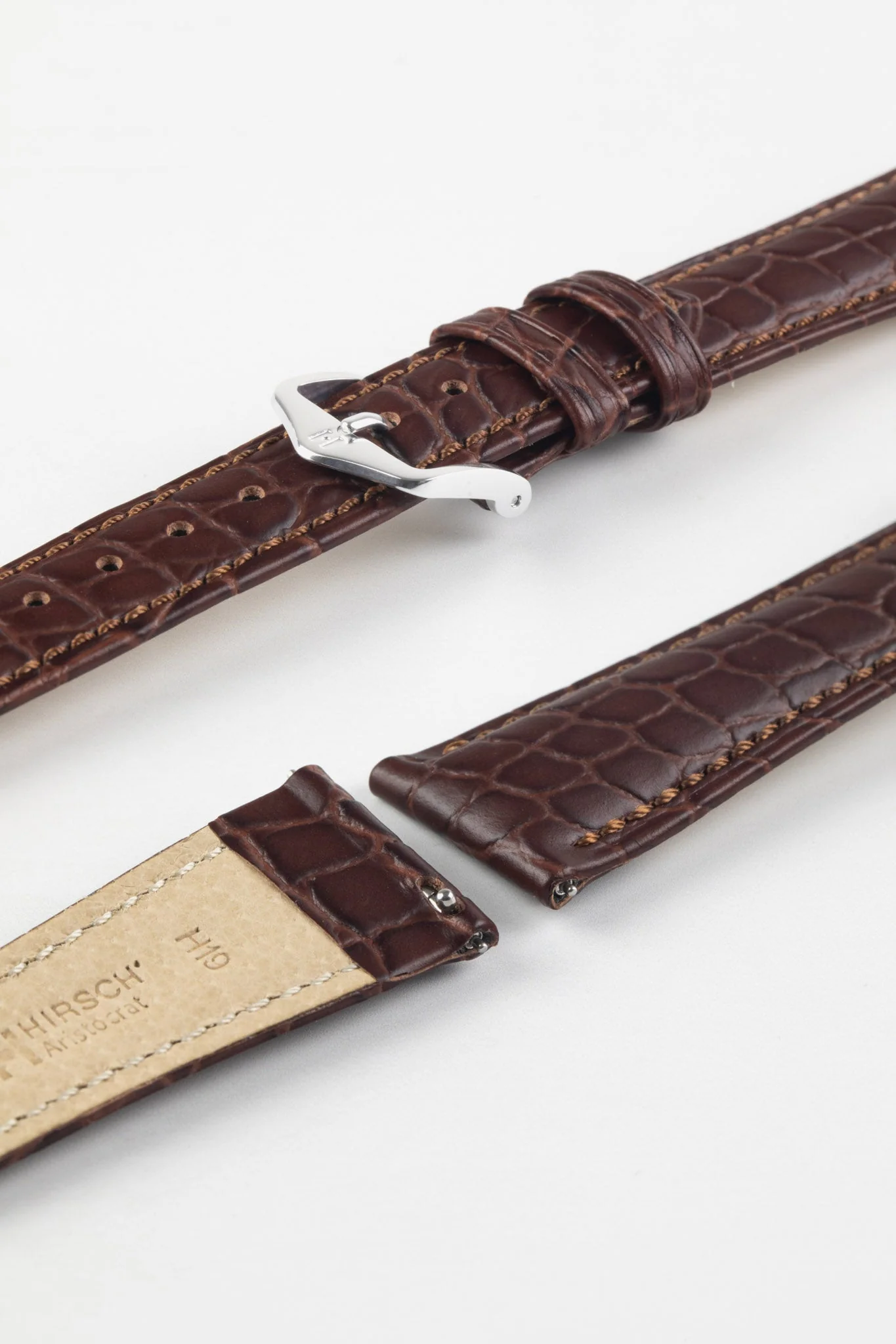Hirsch ARISTOCRAT Croco-Embossed Leather Watch Strap in BROWN - Image 7