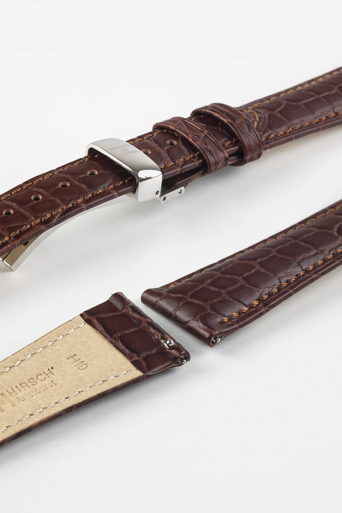 Hirsch ARISTOCRAT Croco-Embossed Leather Watch Strap in BROWN - Image 9