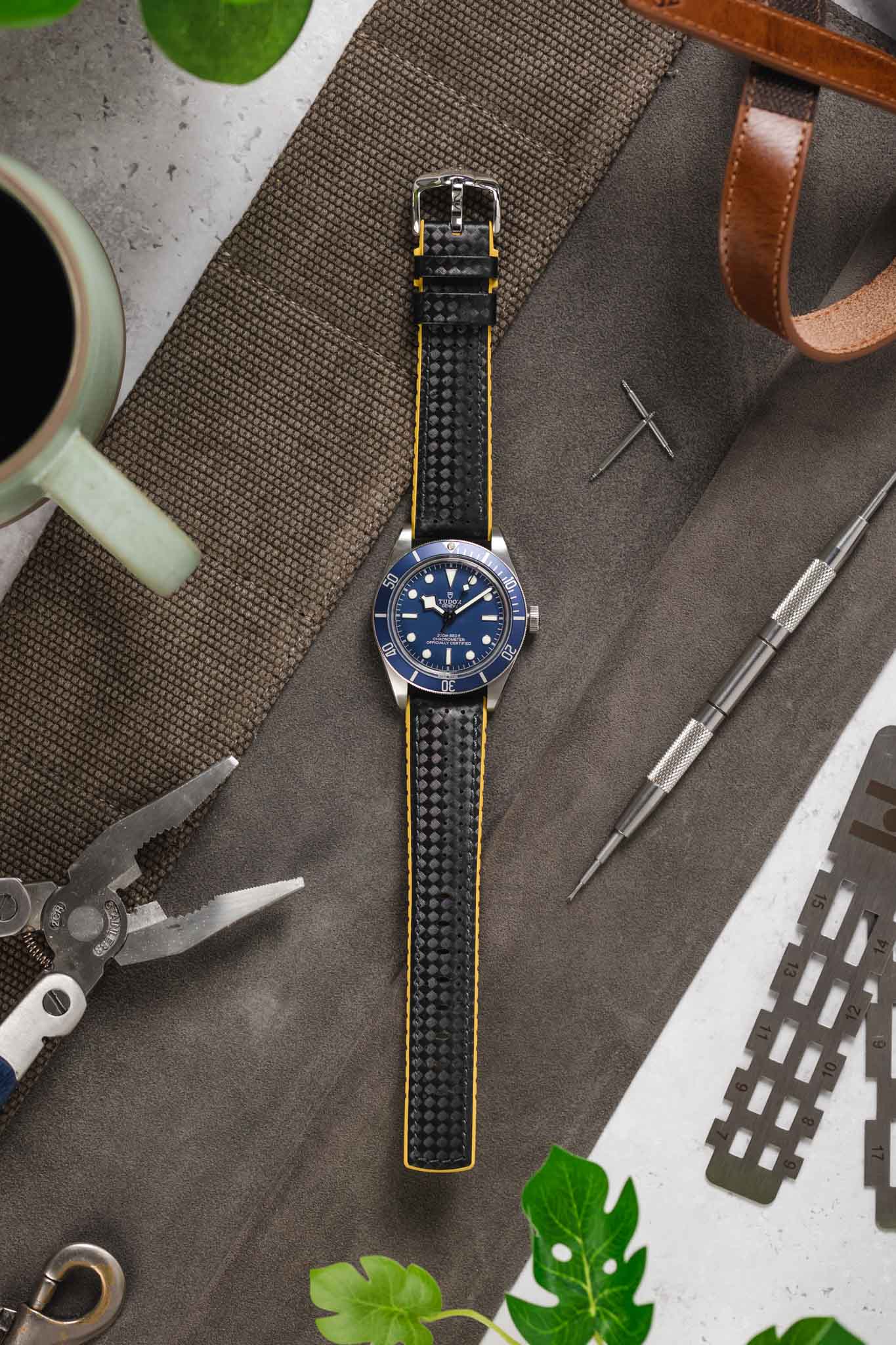 Hirsch AYRTON Carbon Embossed Performance Watch Strap in BLACK / YELLOW - Image 6