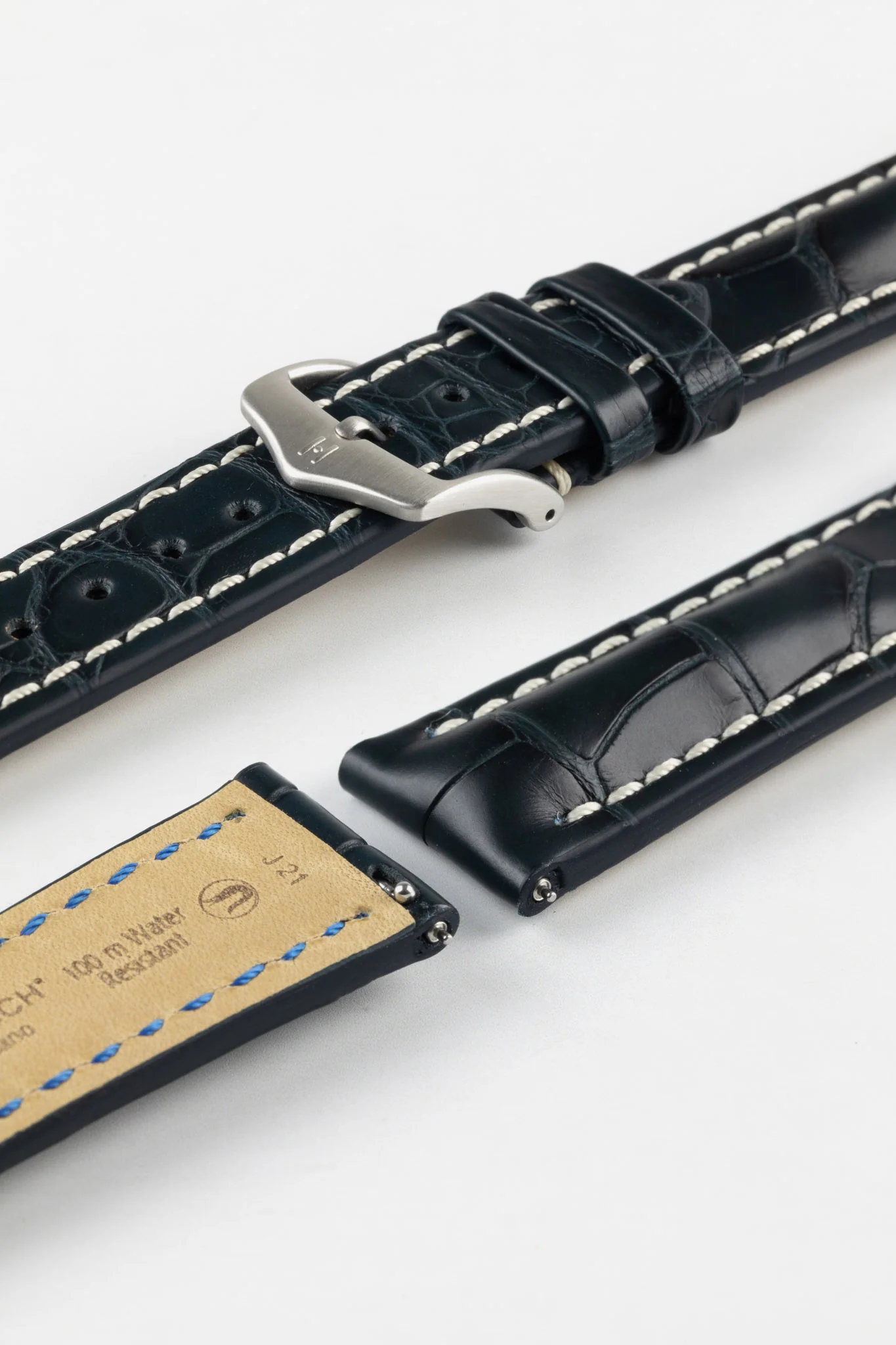 Hirsch CAPITANO Padded Alligator Leather Water-Resistant Watch Strap in BLUE - Image 10