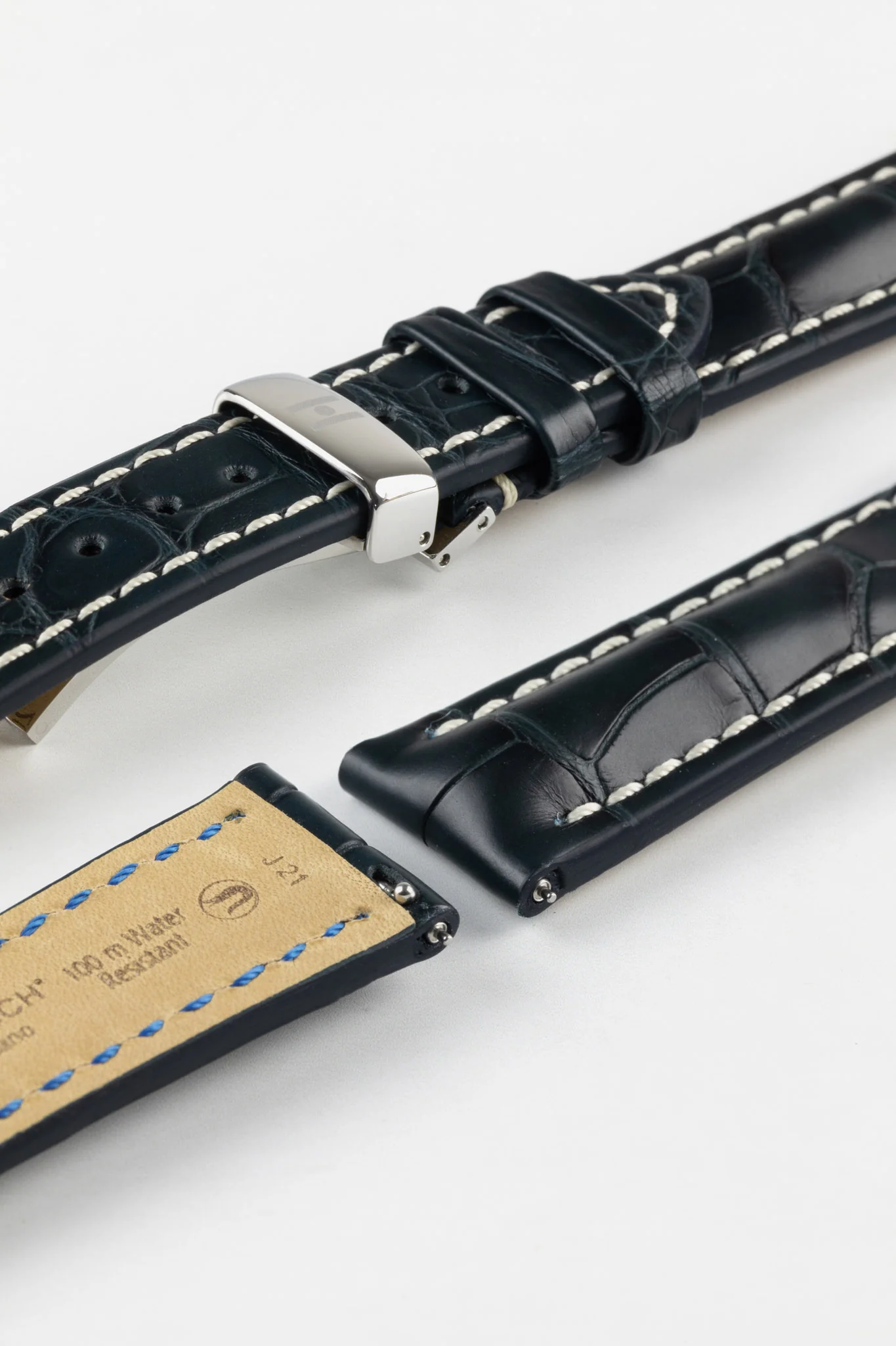 Hirsch CAPITANO Padded Alligator Leather Water-Resistant Watch Strap in BLUE - Image 11