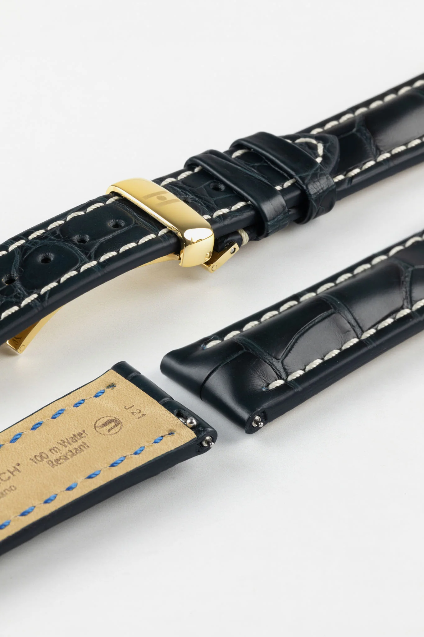 Hirsch CAPITANO Padded Alligator Leather Water-Resistant Watch Strap in BLUE - Image 12