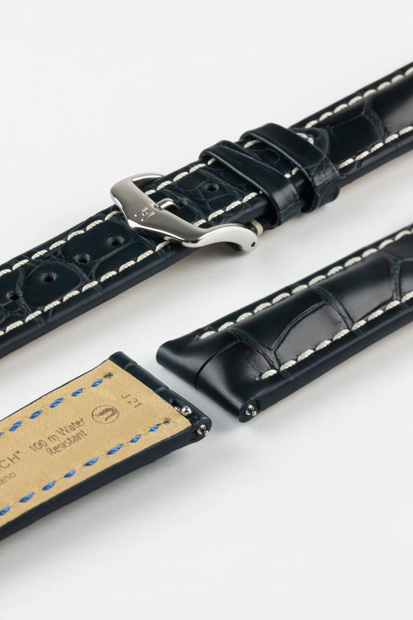 Hirsch CAPITANO Padded Alligator Leather Water-Resistant Watch Strap in BLUE - Image 7