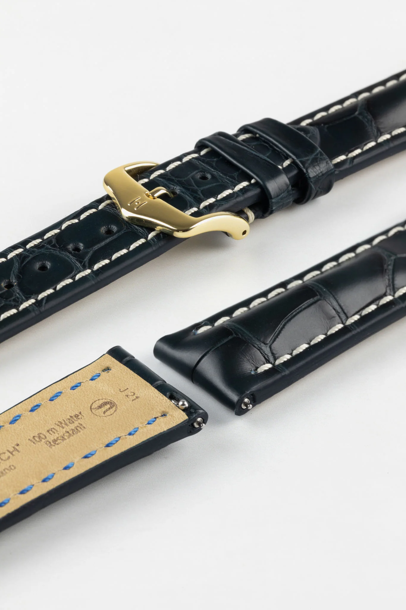 Hirsch CAPITANO Padded Alligator Leather Water-Resistant Watch Strap in BLUE - Image 8