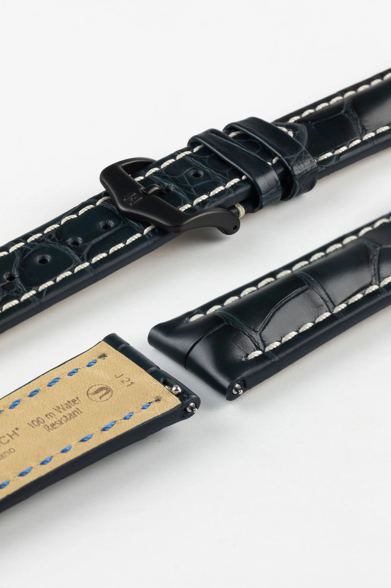 Hirsch CAPITANO Padded Alligator Leather Water-Resistant Watch Strap in BLUE - Image 9