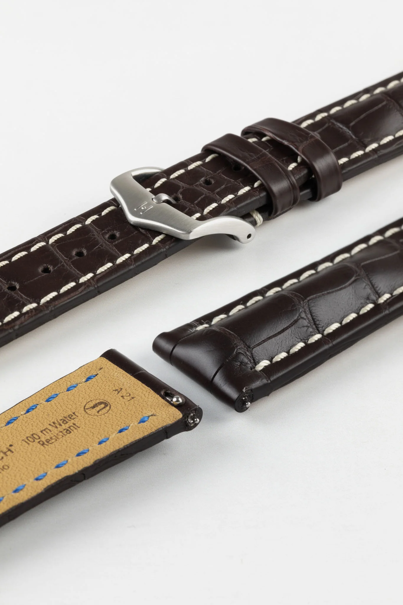 Hirsch CAPITANO Padded Alligator Leather Water-Resistant Watch Strap in BROWN - Image 10