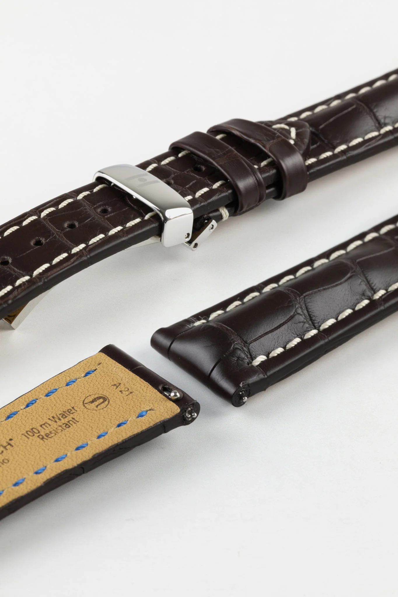 Hirsch CAPITANO Padded Alligator Leather Water-Resistant Watch Strap in BROWN - Image 11