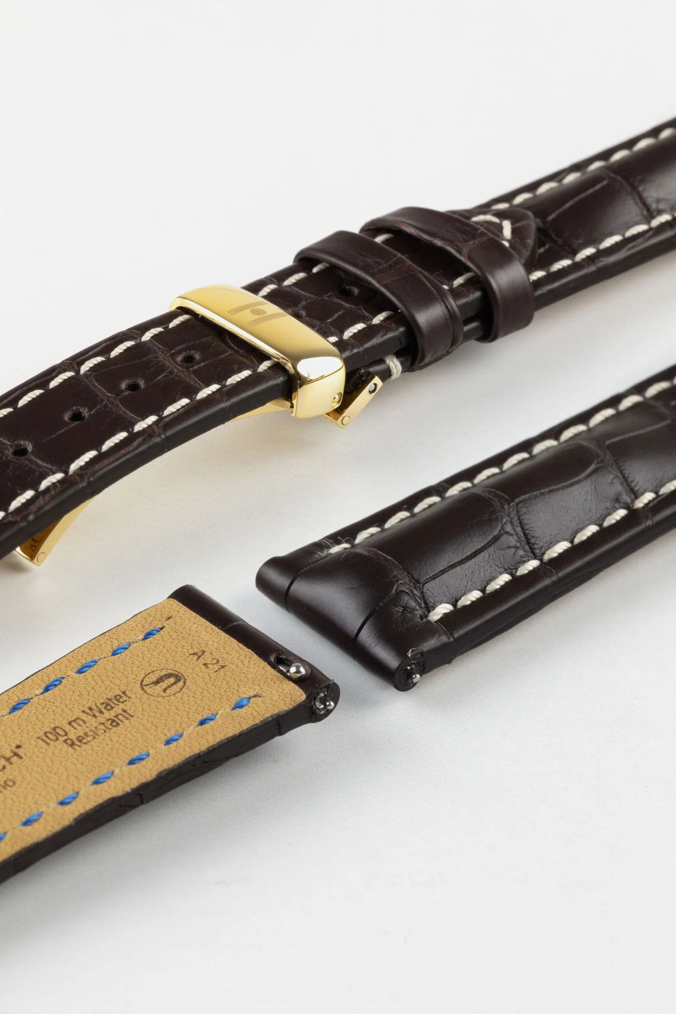 Hirsch CAPITANO Padded Alligator Leather Water-Resistant Watch Strap in BROWN - Image 12