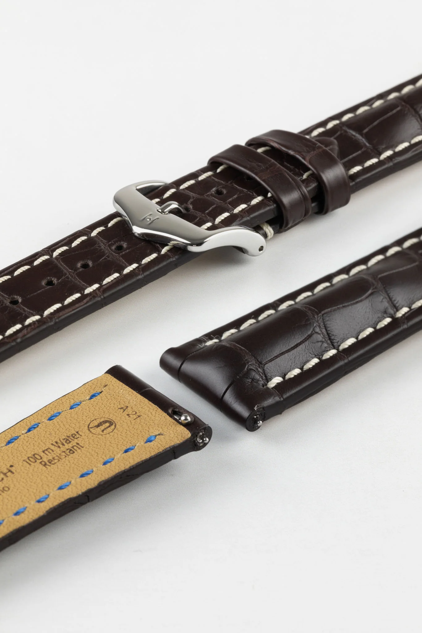 Hirsch CAPITANO Padded Alligator Leather Water-Resistant Watch Strap in BROWN - Image 7