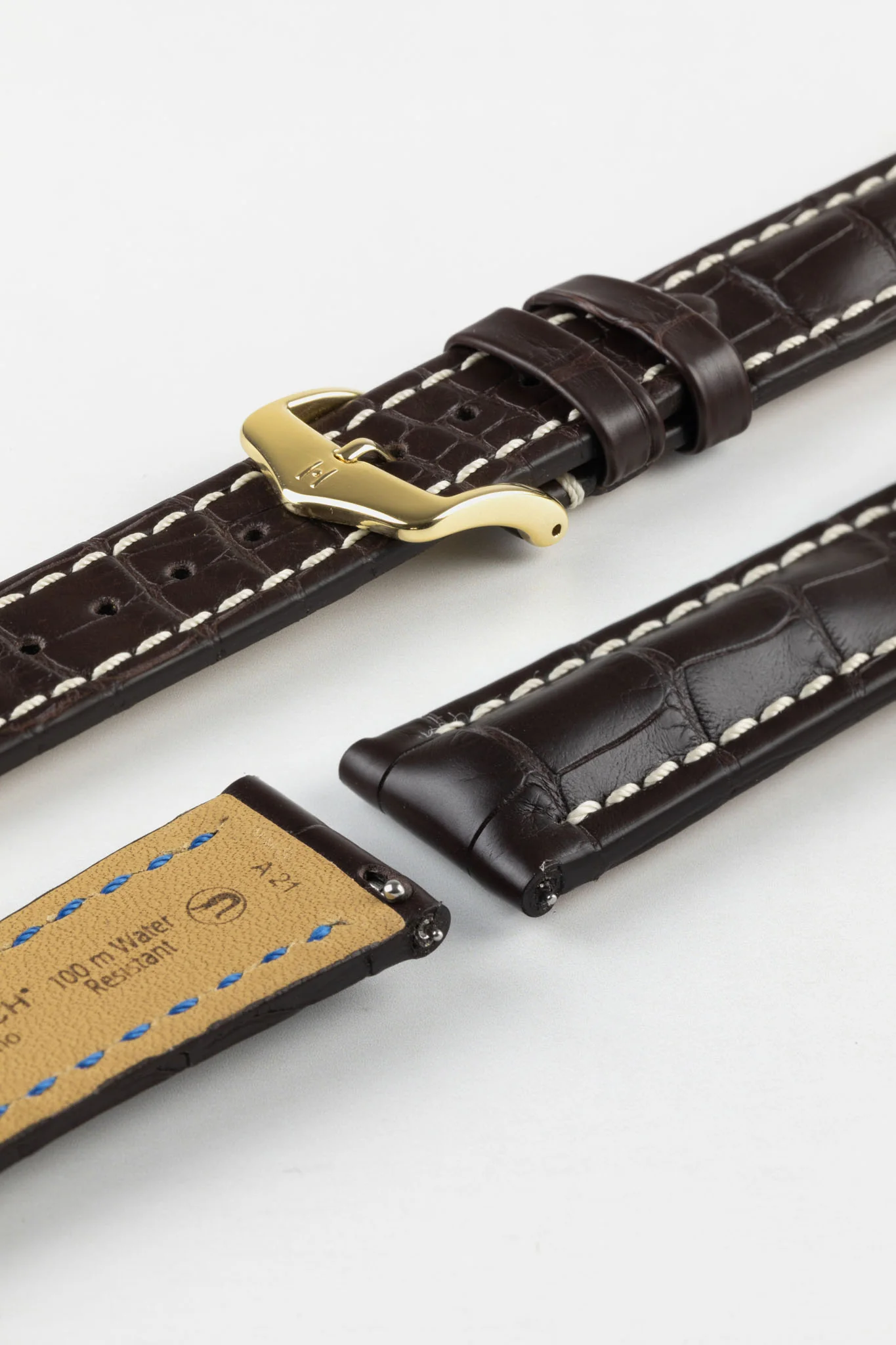 Hirsch CAPITANO Padded Alligator Leather Water-Resistant Watch Strap in BROWN - Image 8
