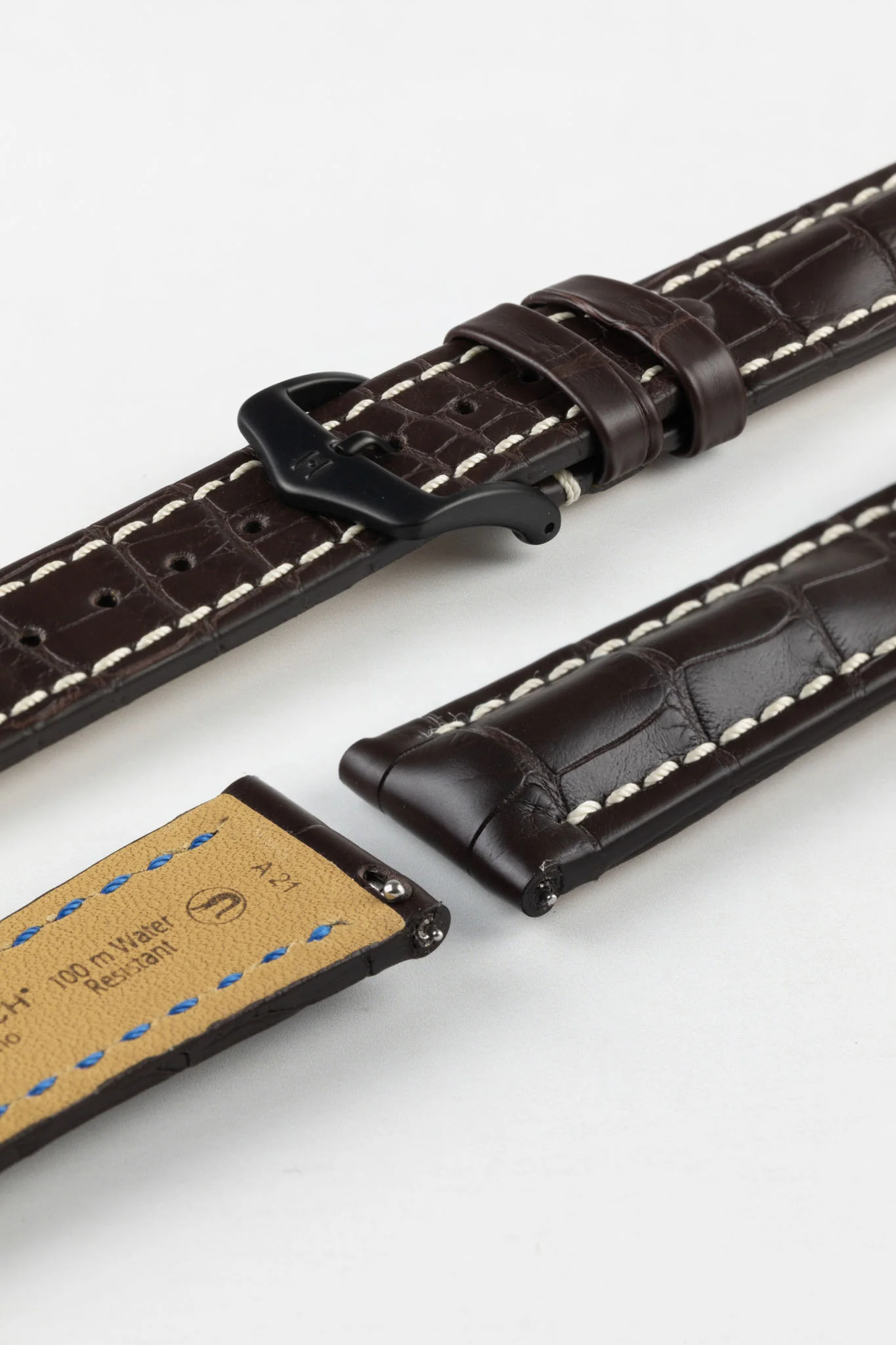 Hirsch CAPITANO Padded Alligator Leather Water-Resistant Watch Strap in BROWN - Image 9