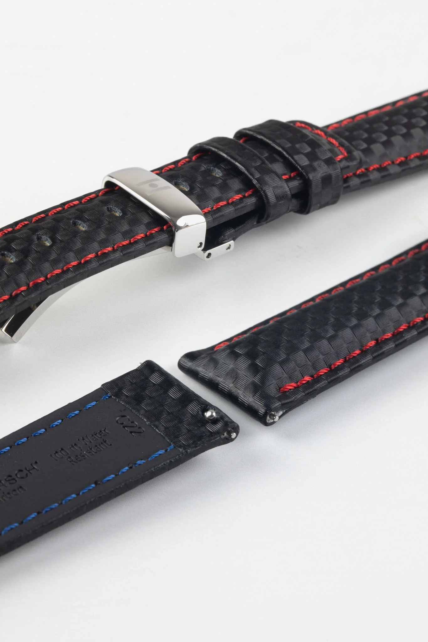 Hirsch CARBON Embossed Water-Resistant Leather Watch Strap in BLACK/RED - Image 10