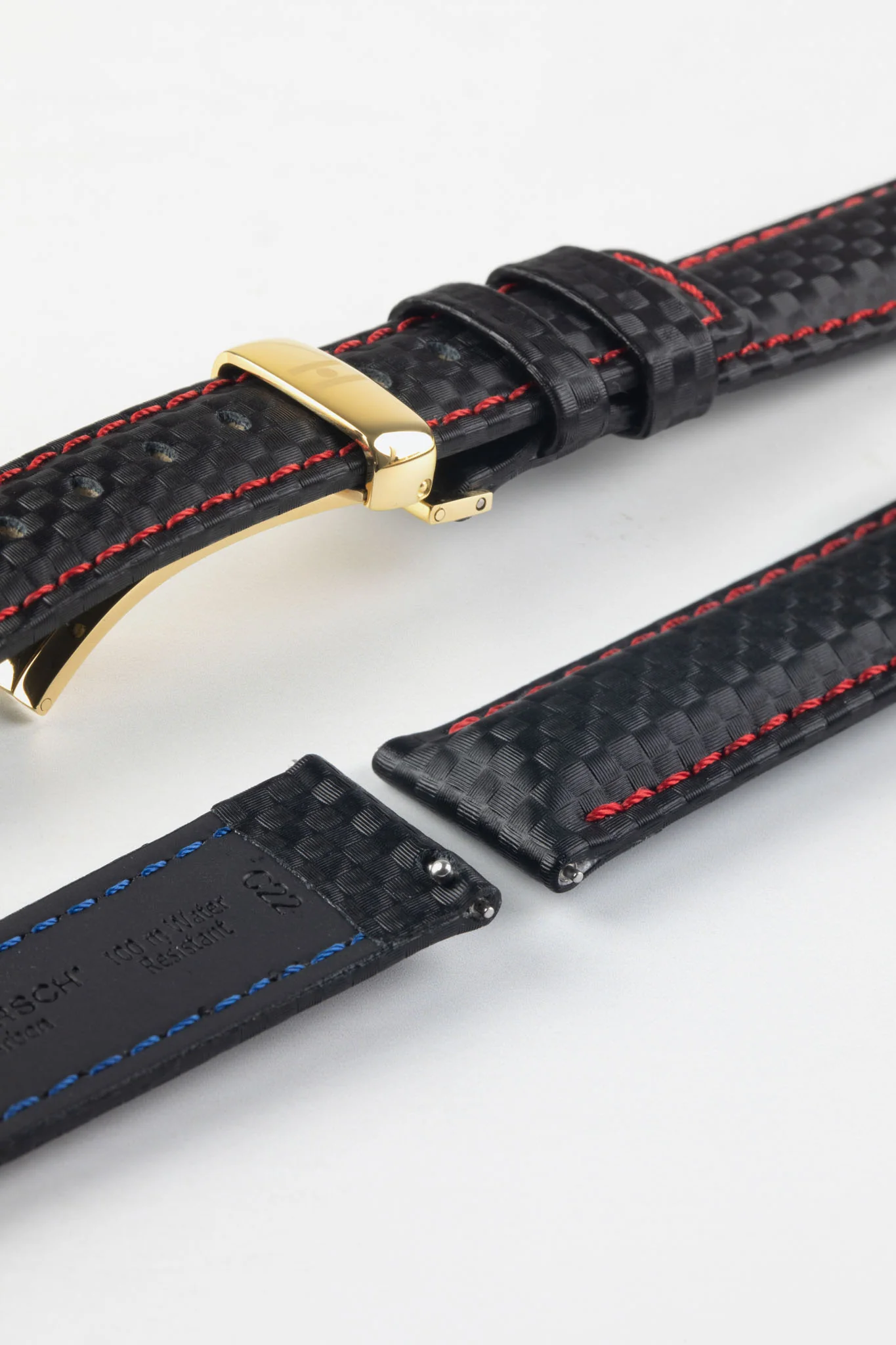 Hirsch CARBON Embossed Water-Resistant Leather Watch Strap in BLACK/RED - Image 11