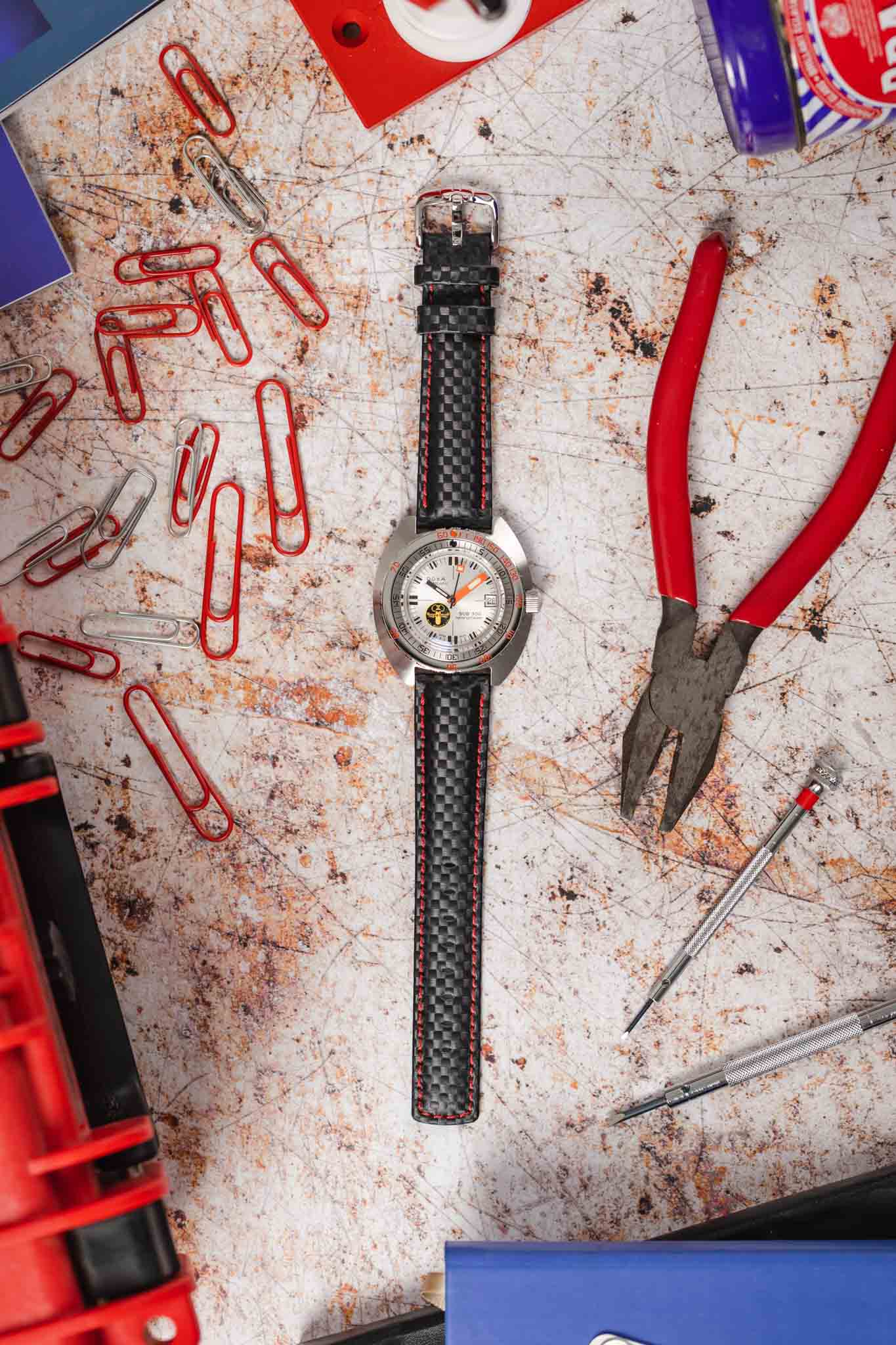 Hirsch CARBON Embossed Water-Resistant Leather Watch Strap in BLACK/RED - Image 6