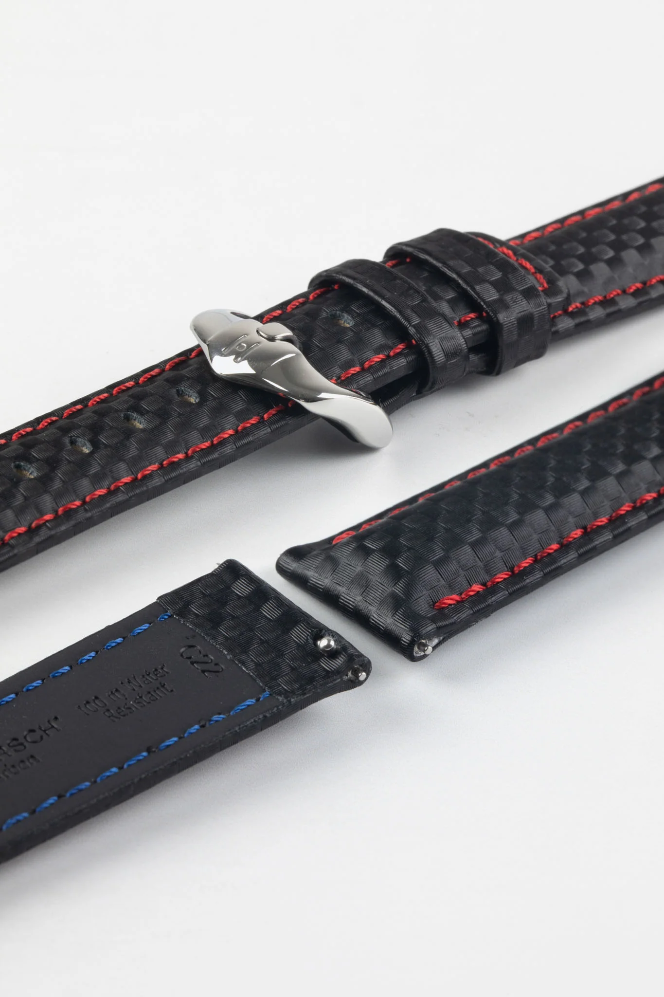 Hirsch CARBON Embossed Water-Resistant Leather Watch Strap in BLACK/RED - Image 7