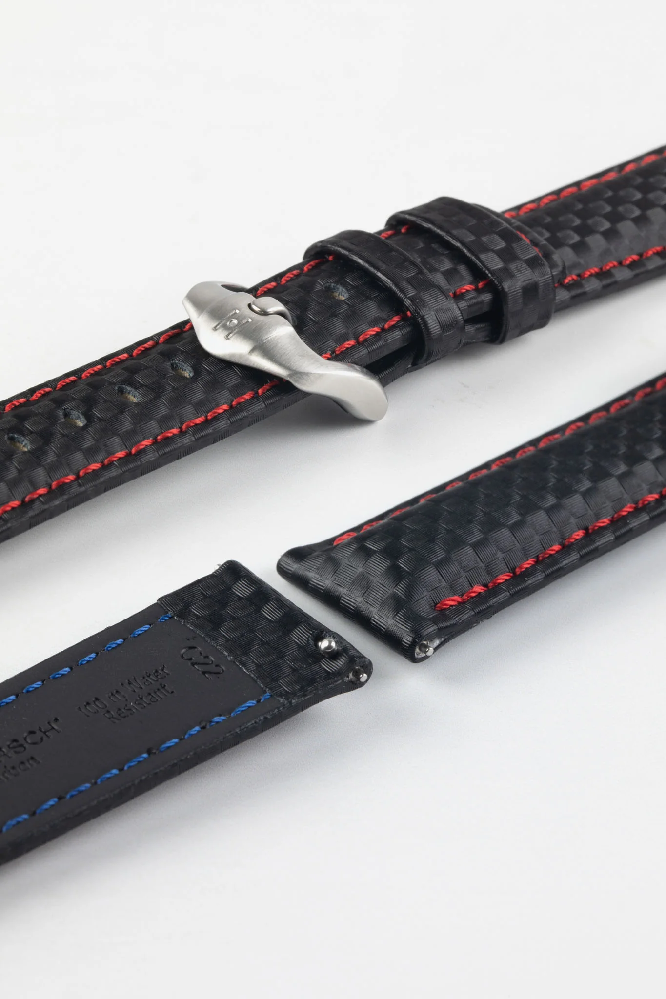 Hirsch CARBON Embossed Water-Resistant Leather Watch Strap in BLACK/RED - Image 8