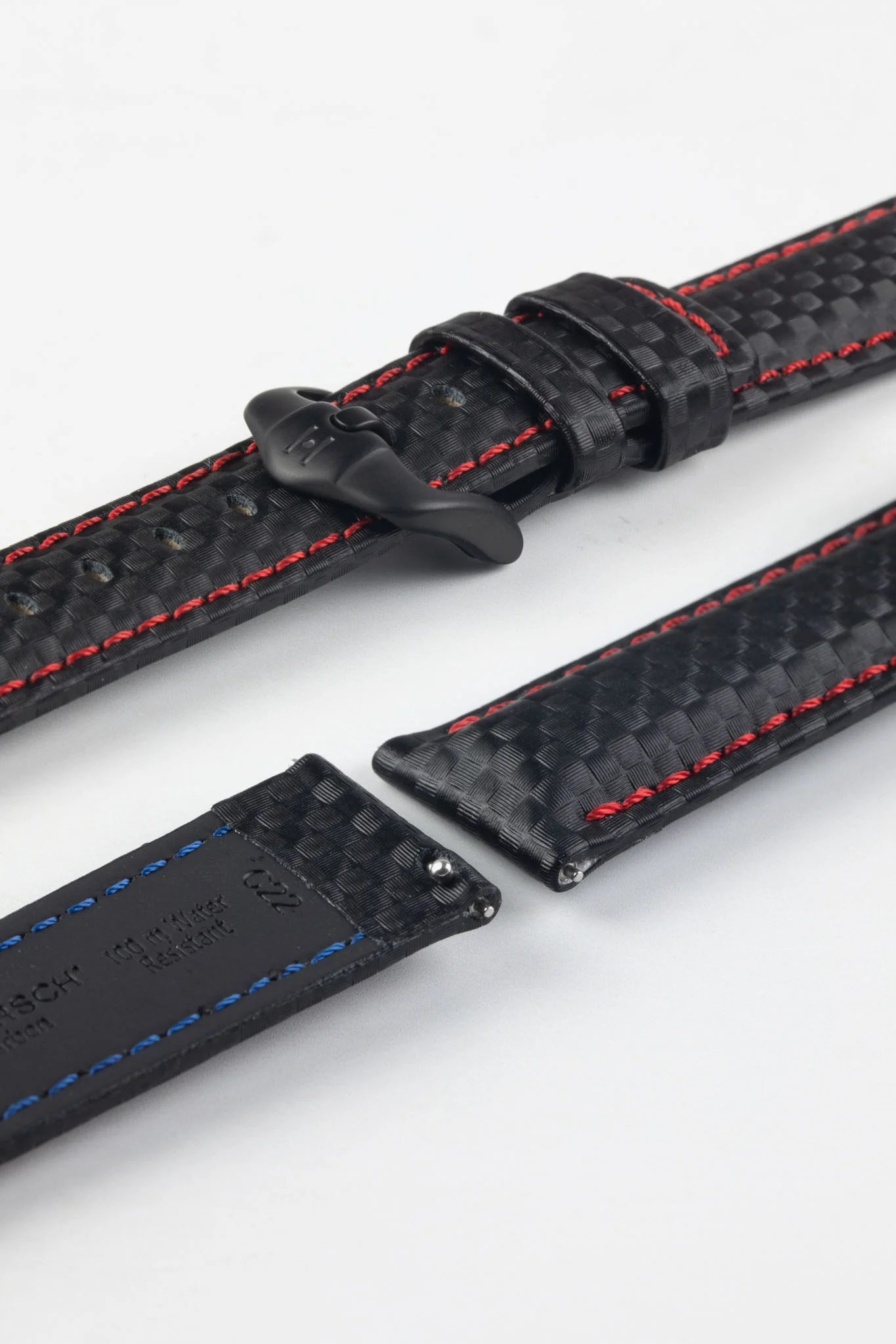 Hirsch CARBON Embossed Water-Resistant Leather Watch Strap in BLACK/RED - Image 9