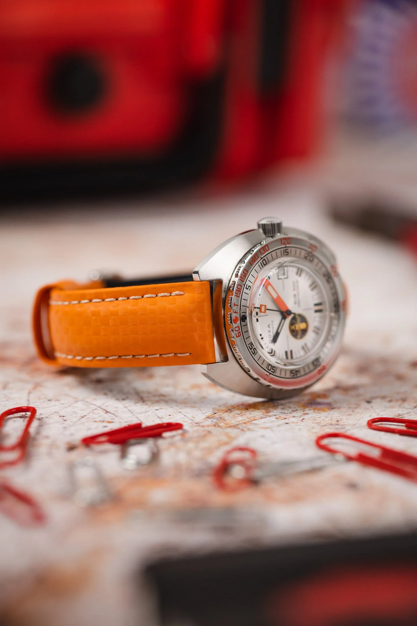 Hirsch CARBON Embossed Water-Resistant Leather Watch Strap in ORANGE - Image 4
