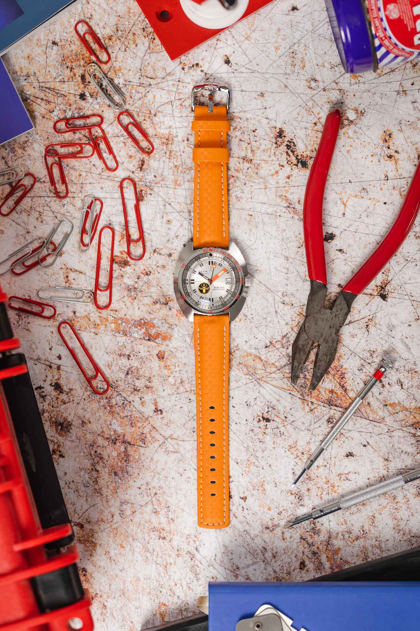 Hirsch CARBON Embossed Water-Resistant Leather Watch Strap in ORANGE - Image 6